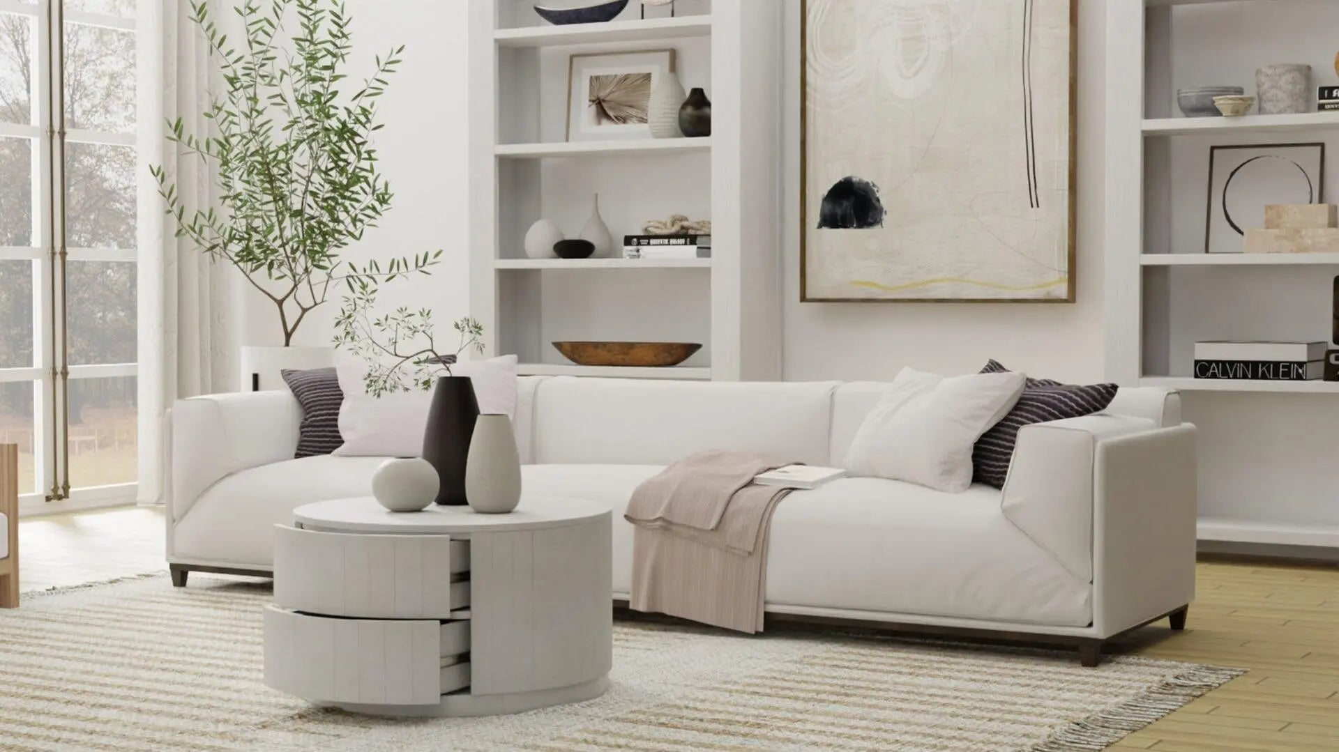 30" White Solid Wood Round Distressed Solid Drum Coffee Table With Two Drawers Homeroots Living Room