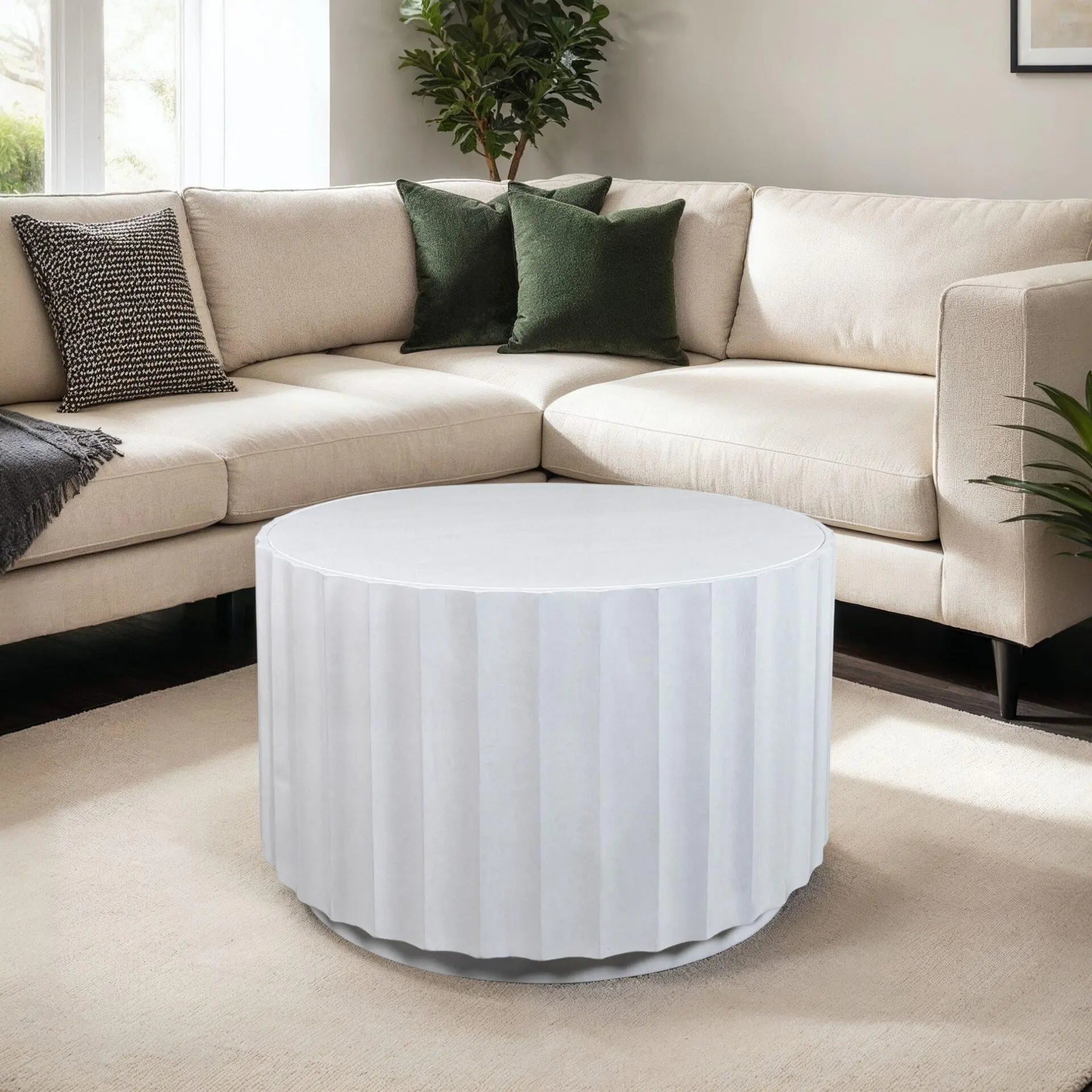 30" White Solid Wood Round Solid Drum Coffee Table Homeroots Living Room