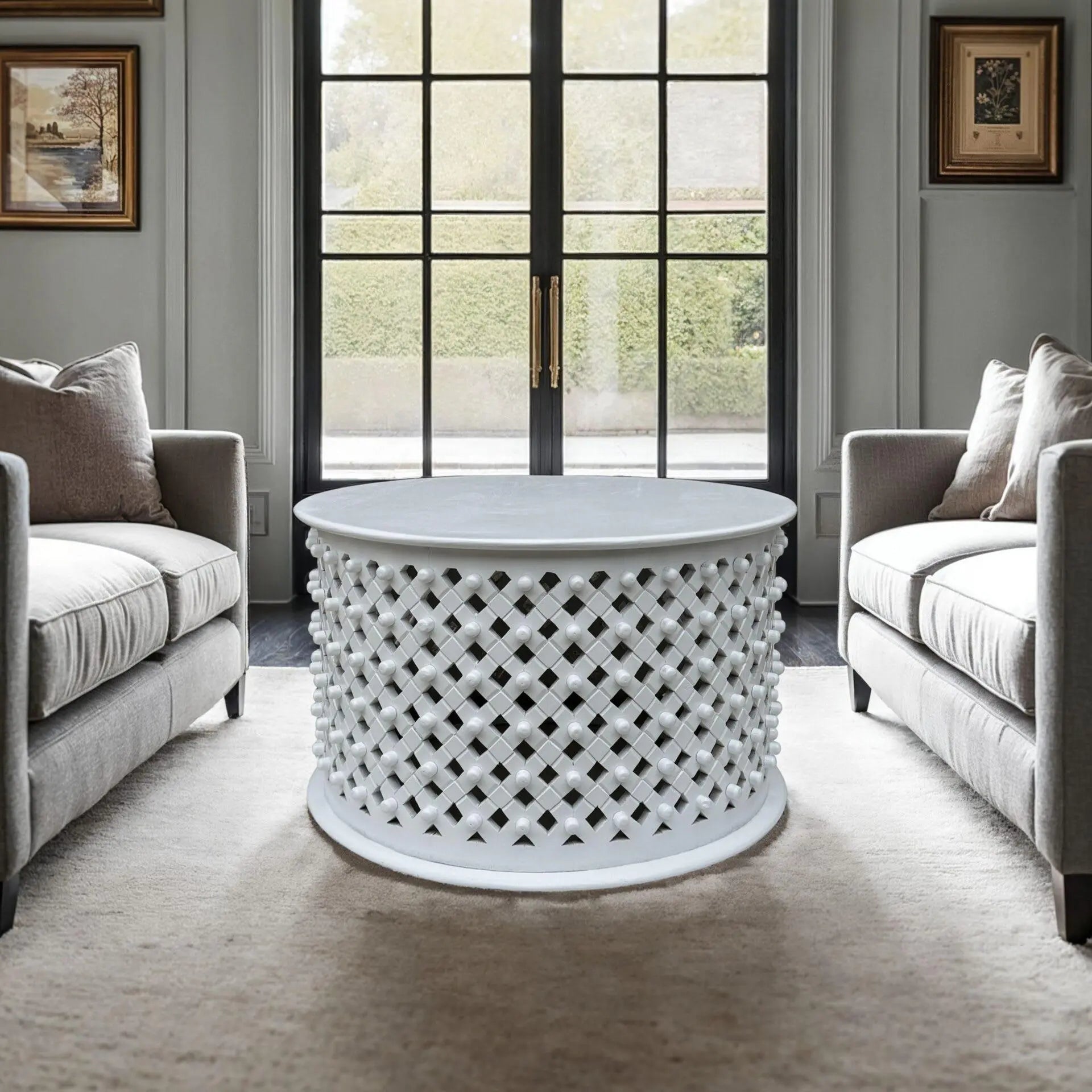 30" White Solid Wood Round Solid Drum Coffee Table Homeroots Living Room