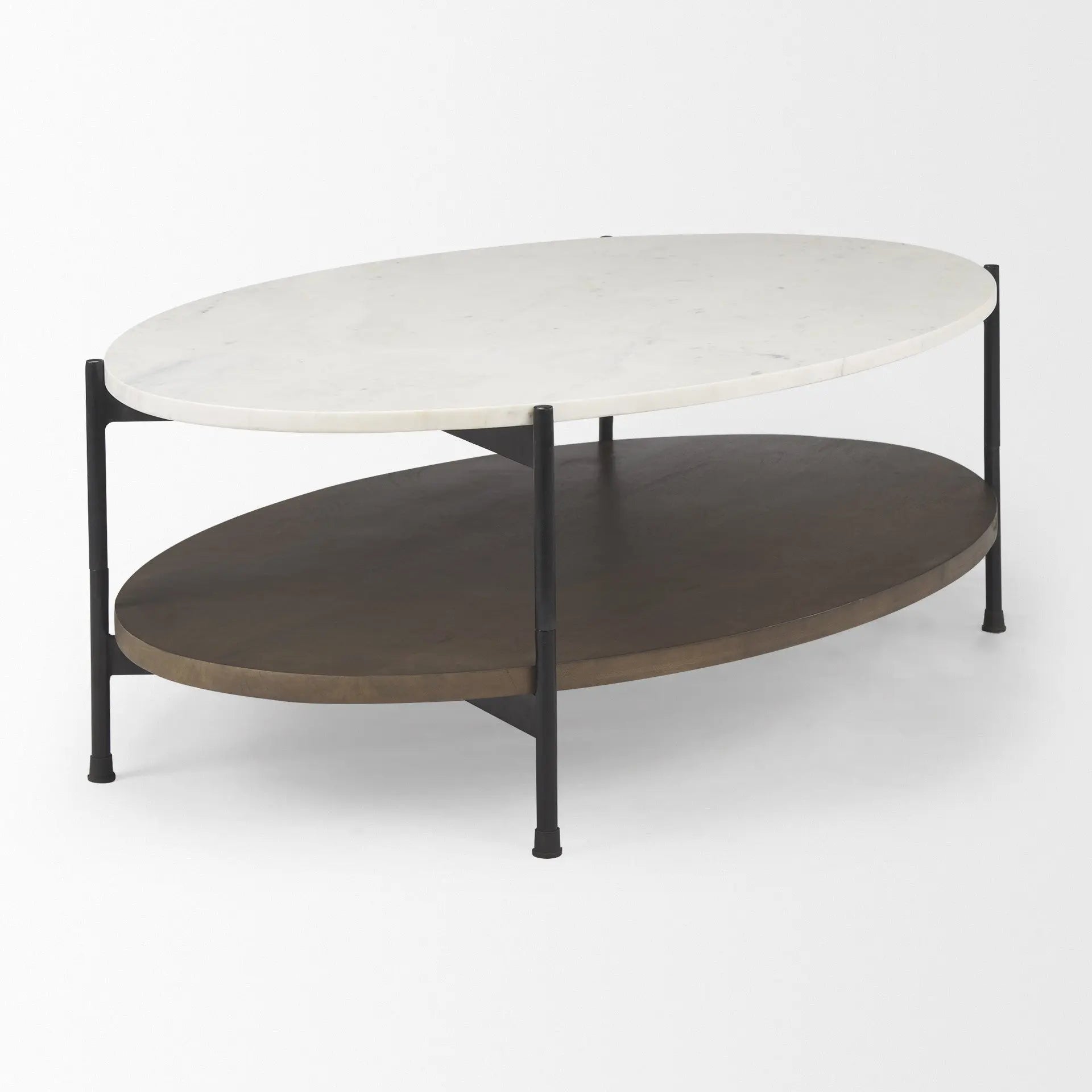30" White and Brown Stone and Iron Oval Coffee Table Homeroots Living Room