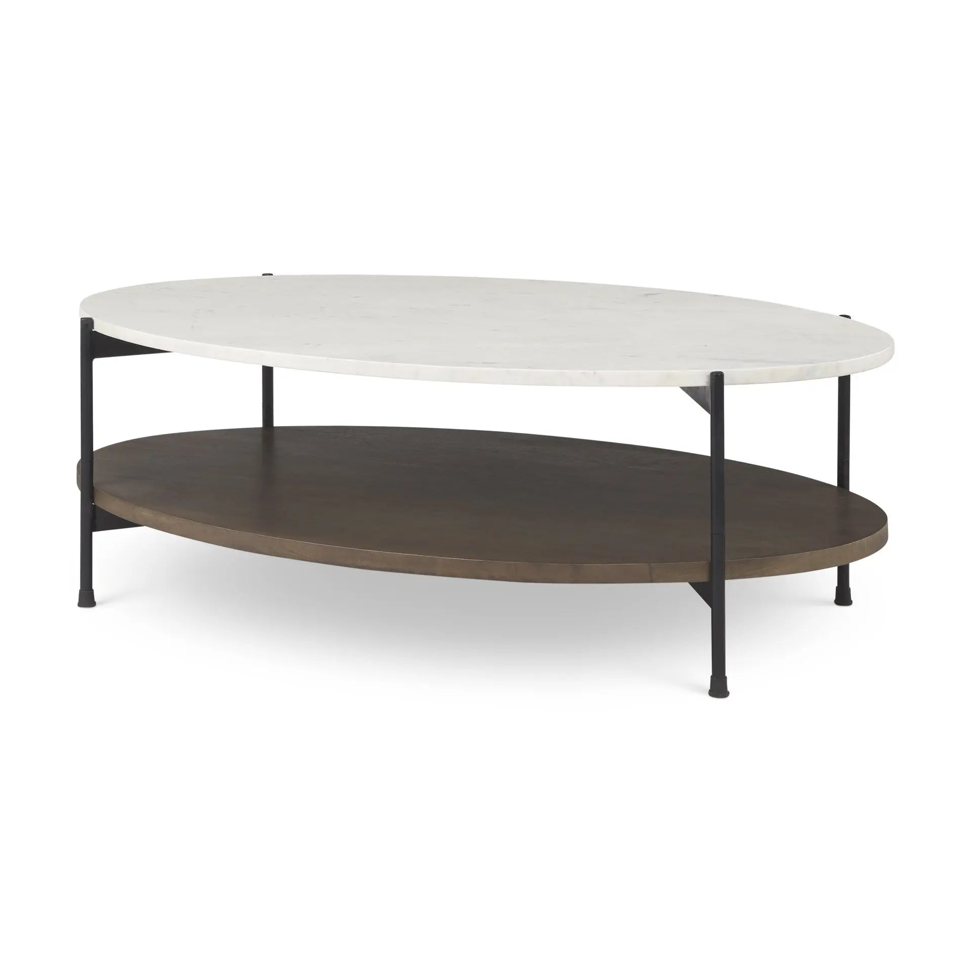 30" White and Brown Stone and Iron Oval Coffee Table Homeroots Living Room