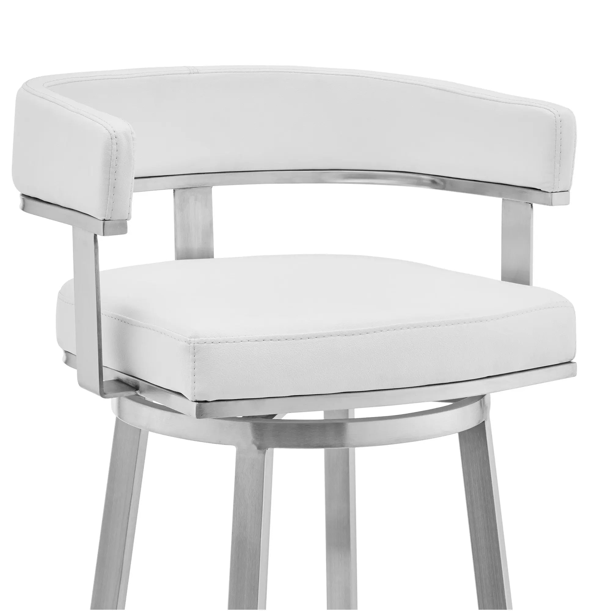 30" White and Silver Faux Leather Stainless Steel Low Back Bar Height Swivel Bar Chair - GreatEagleInc
