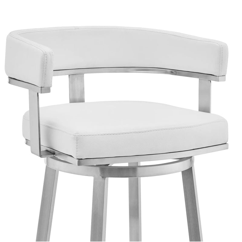 30" White and Silver Faux Leather Stainless Steel Low Back Bar Height Swivel Bar Chair - GreatEagleInc