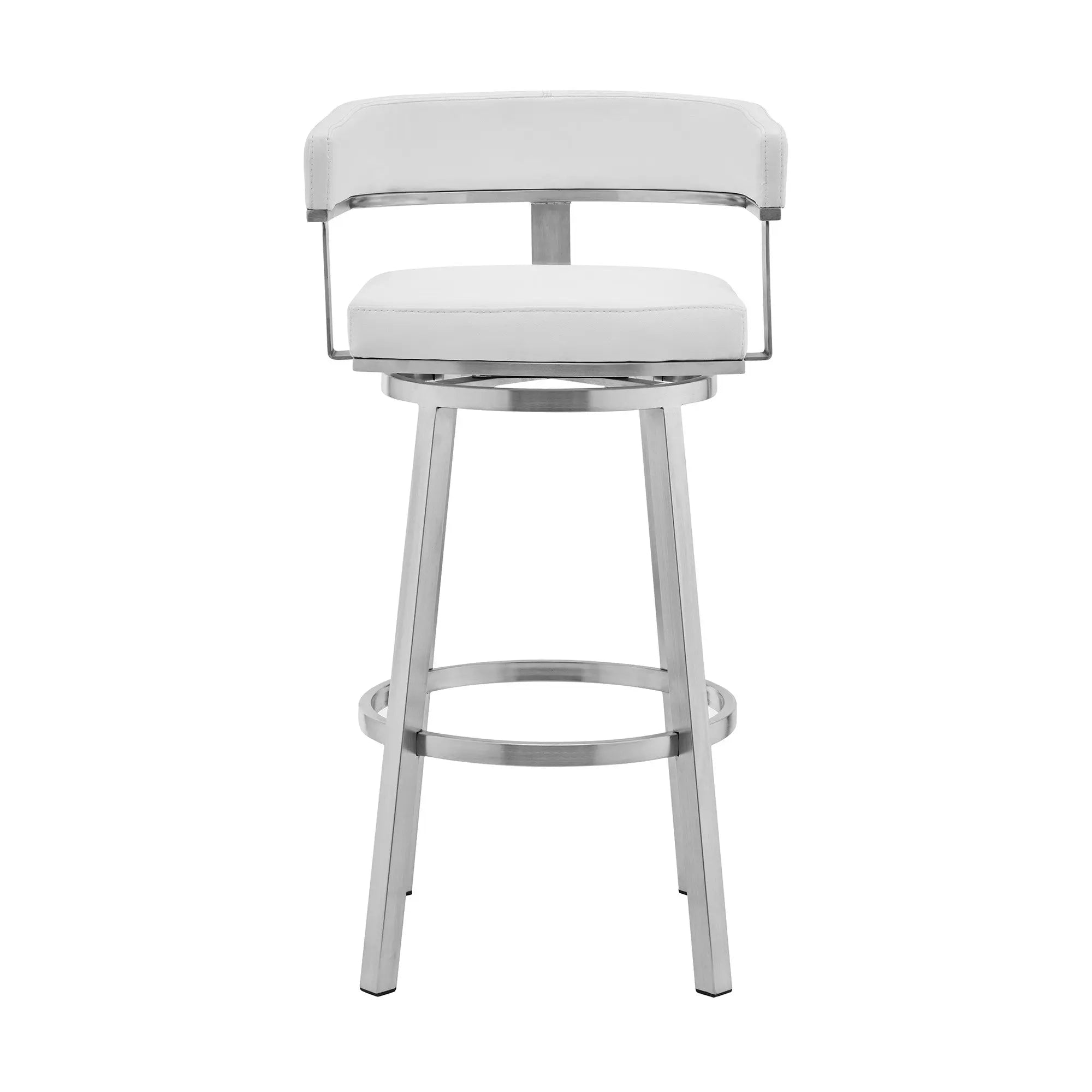 30" White and Silver Faux Leather Stainless Steel Low Back Bar Height Swivel Bar Chair - GreatEagleInc