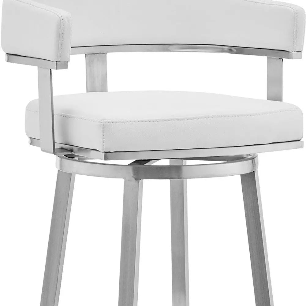 30" White and Silver Faux Leather Stainless Steel Low Back Bar Height Swivel Bar Chair - GreatEagleInc
