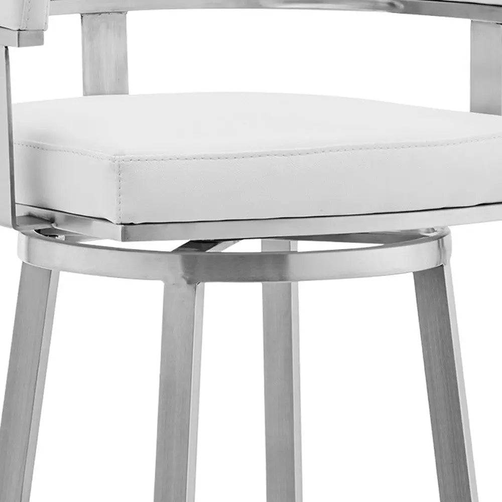 30" White and Silver Faux Leather Stainless Steel Low Back Bar Height Swivel Bar Chair - GreatEagleInc