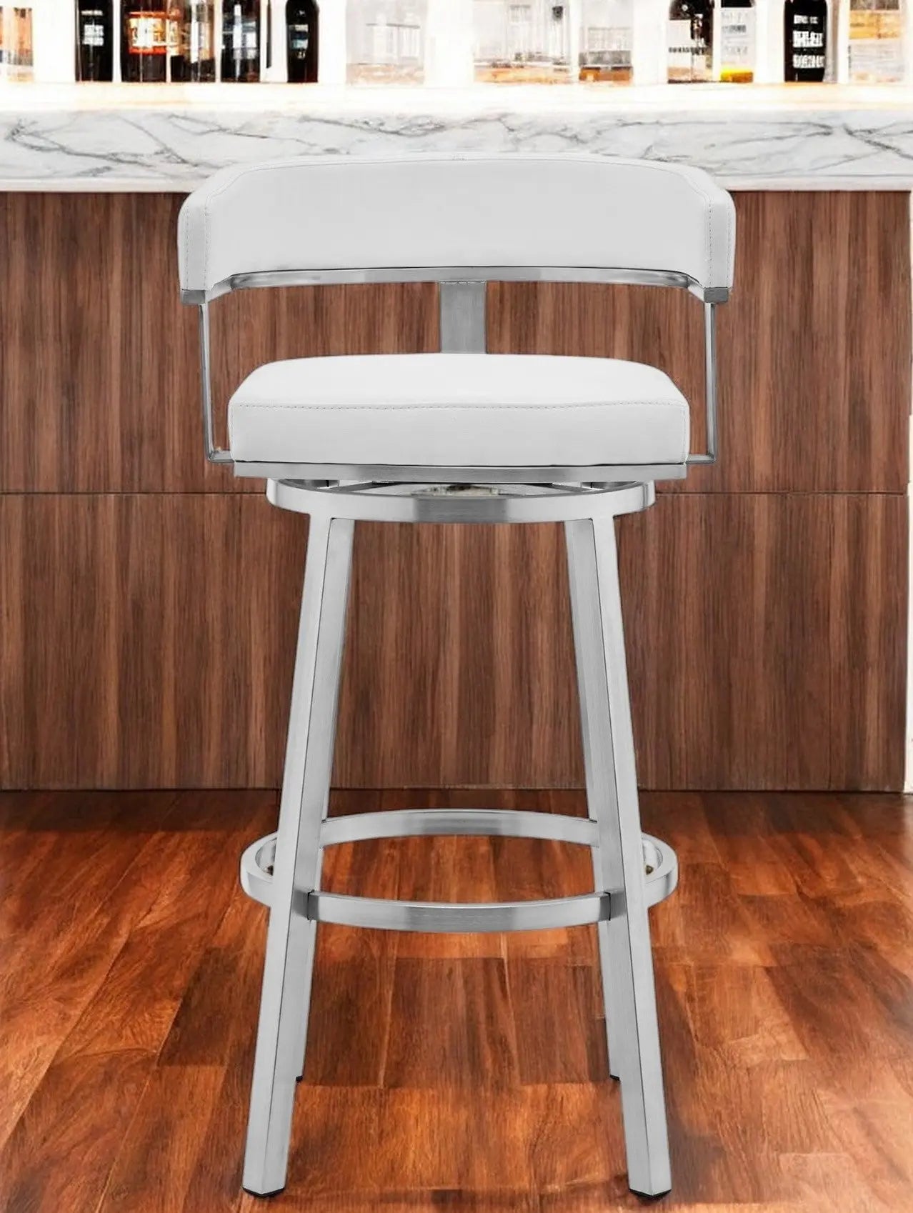 30" White and Silver Faux Leather Stainless Steel Low Back Bar Height Swivel Bar Chair - GreatEagleInc