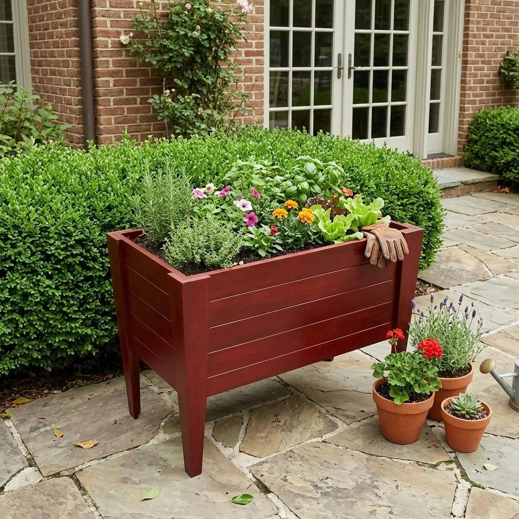 Red wooden raised garden planter box with assorted flowers and herbs, set on a stone patio with potted plants.