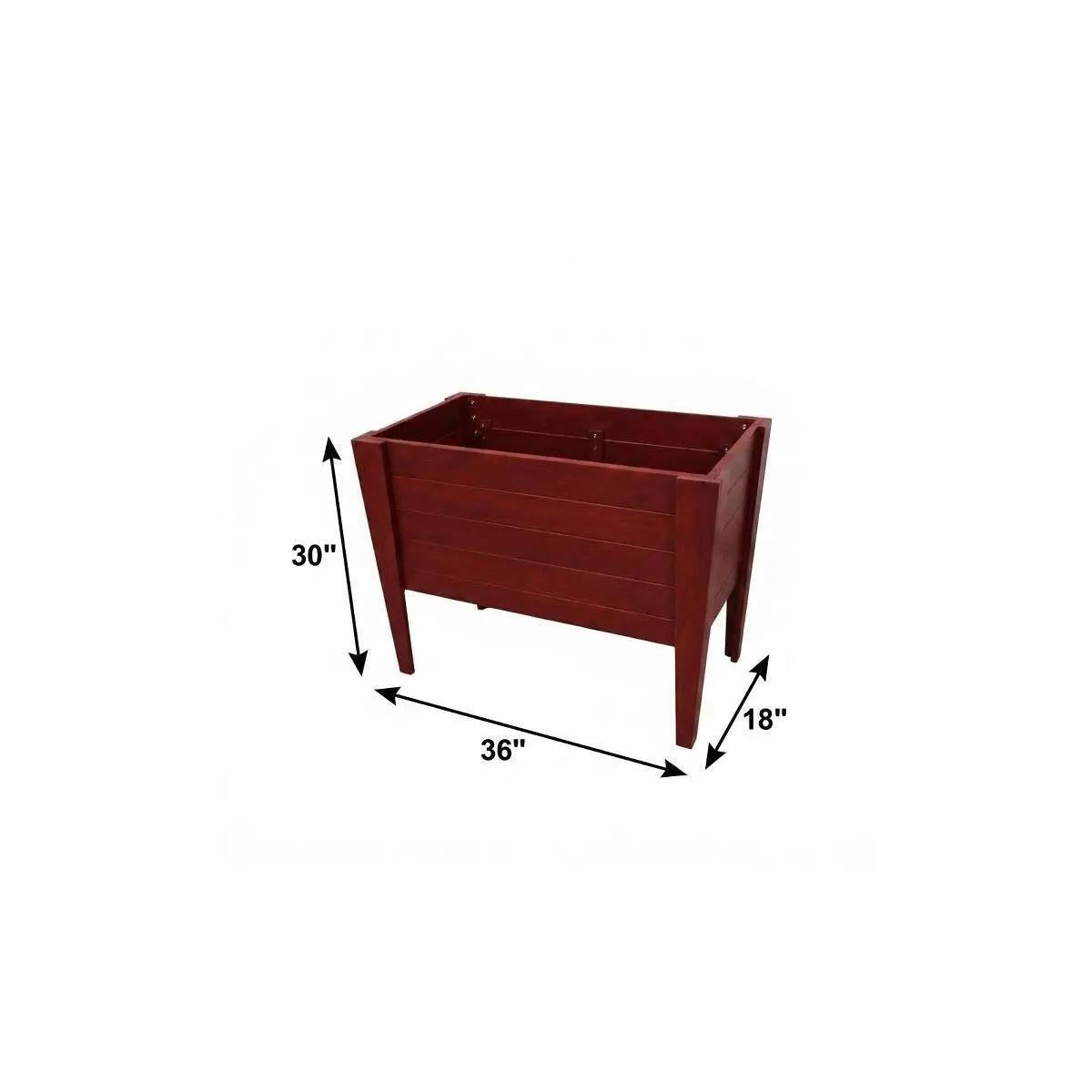 Red wooden raised garden bed, 36"x18"x30", perfect for planting flowers and vegetables outdoors.