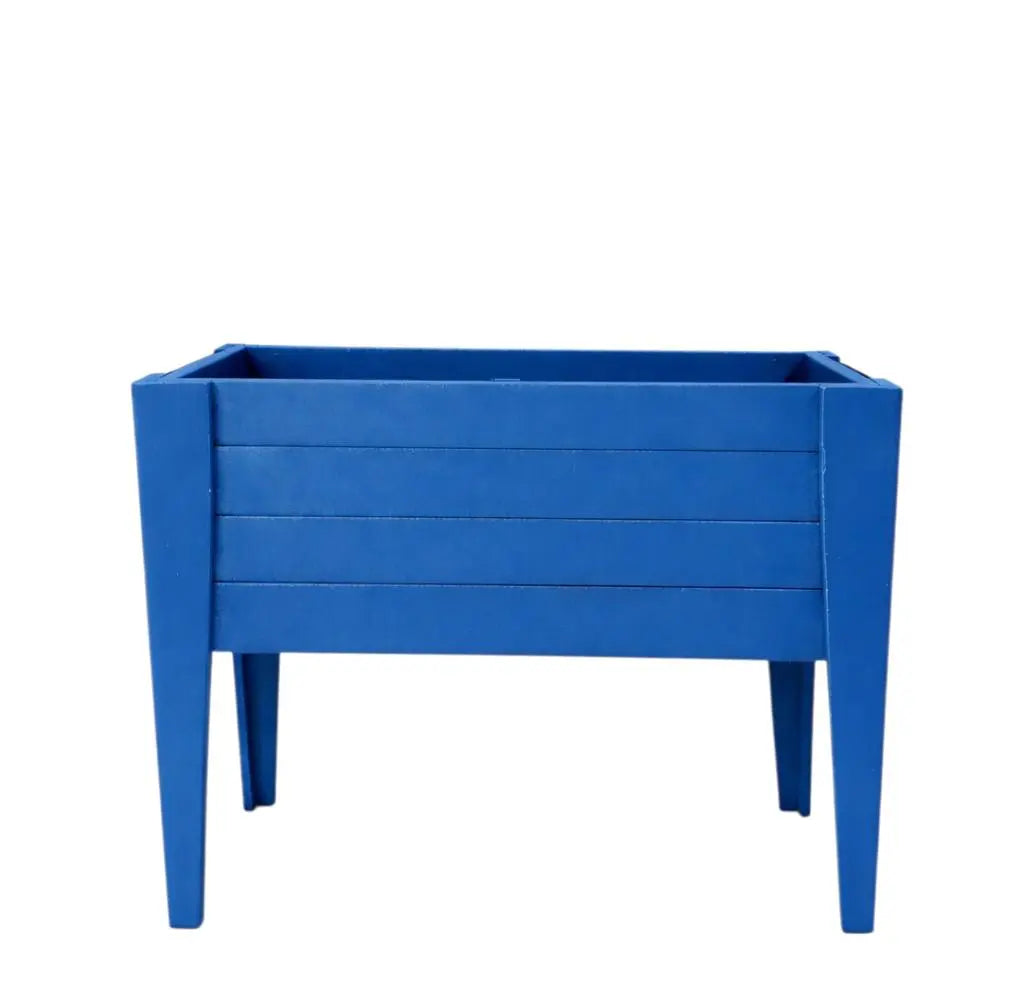 Vibrant blue wooden planter box with modern design and tapered legs, perfect for indoor or outdoor plants.