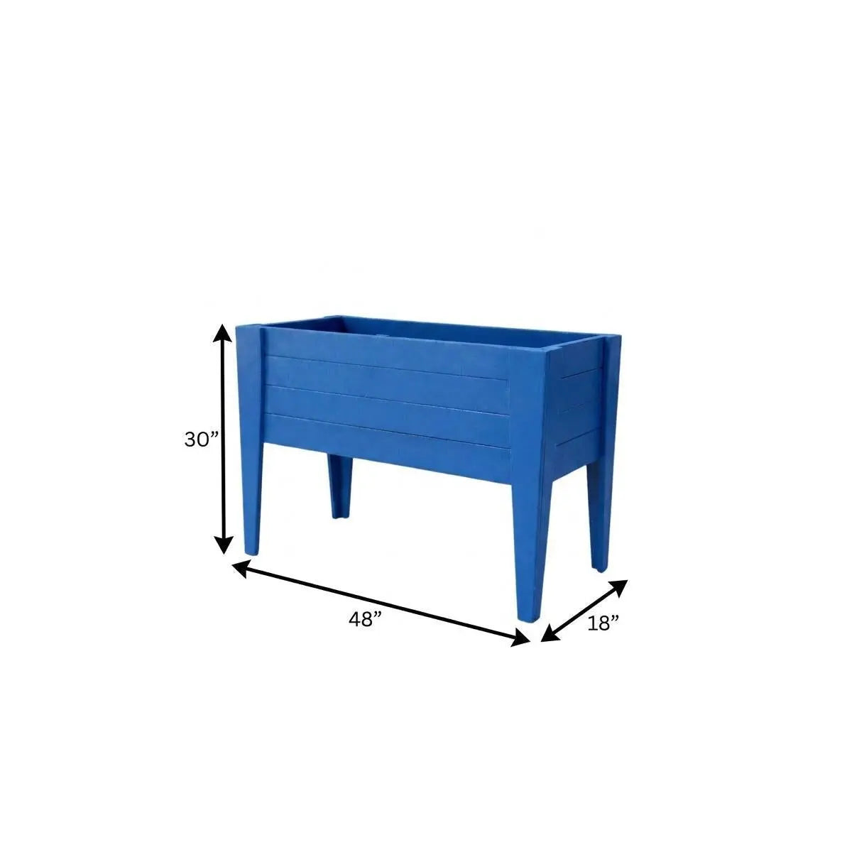 Blue wooden planter box, 48" x 18" x 30", modern style with slatted design and sturdy legs. Perfect for outdoor gardening.