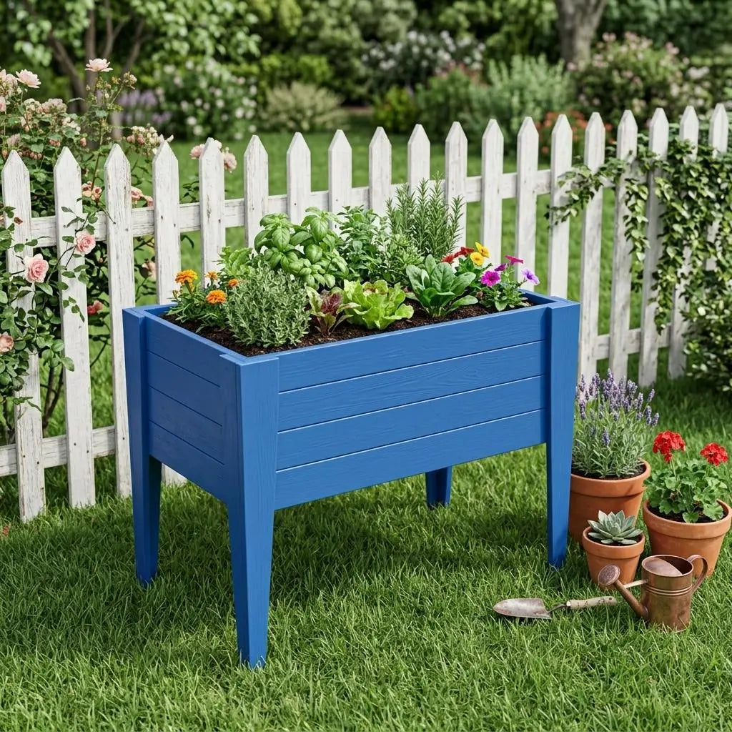 Vibrant blue wooden raised garden bed filled with colorful flowers and herbs, set against a white picket fence.