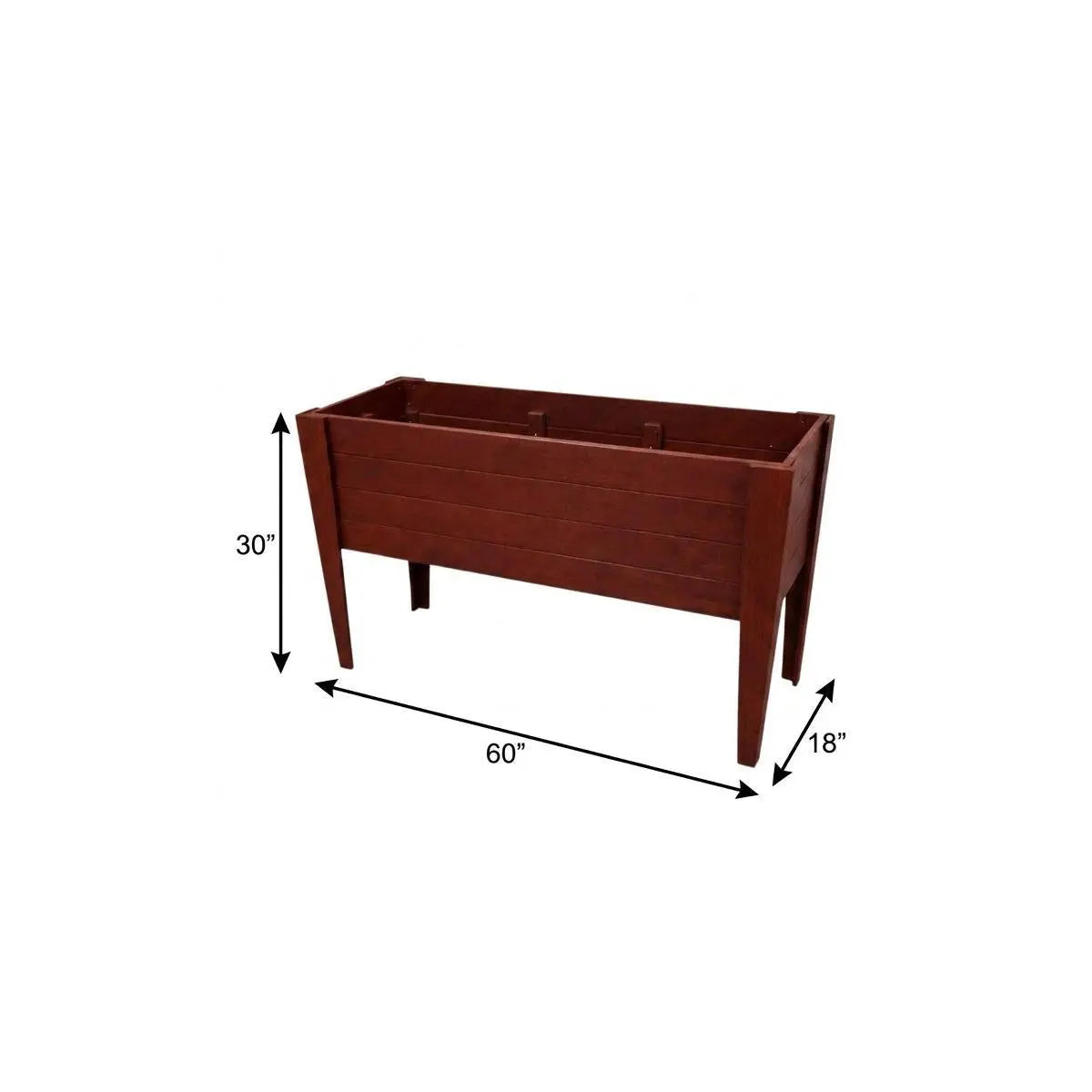 Red wooden raised garden bed, 60"x30"x18", featuring a modern design for outdoor gardening.