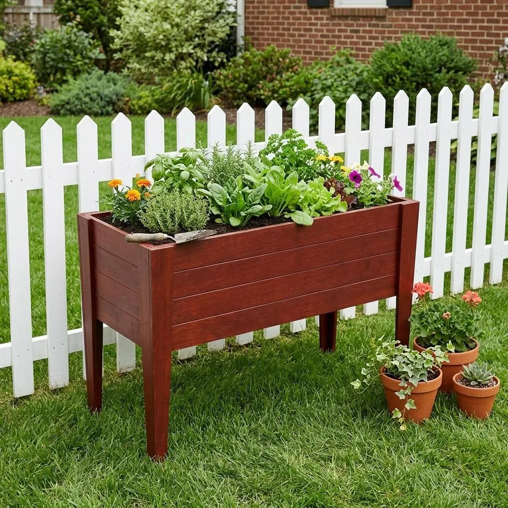 Wooden raised garden bed in deep mahogany with vibrant flowers and greens, set against a white picket fence.