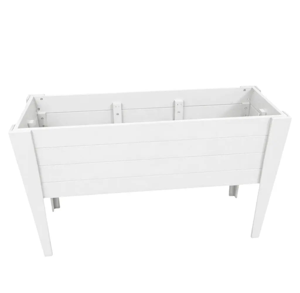 White wooden rectangular raised garden bed with slatted design and sturdy legs, perfect for growing plants.