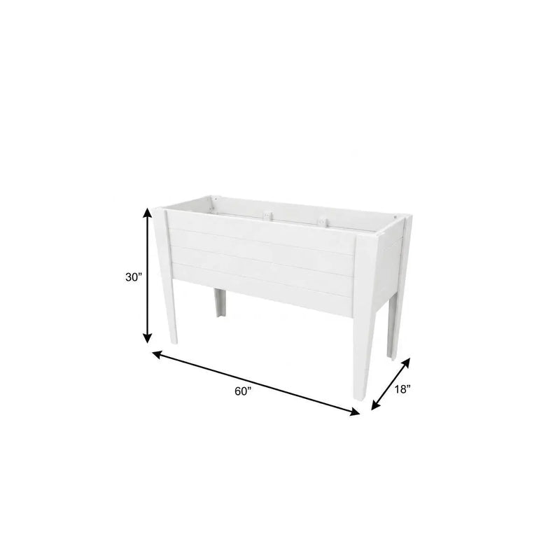 White wooden raised garden bed, 60" L x 30" H x 18" W, modern design for outdoor planting and gardening.