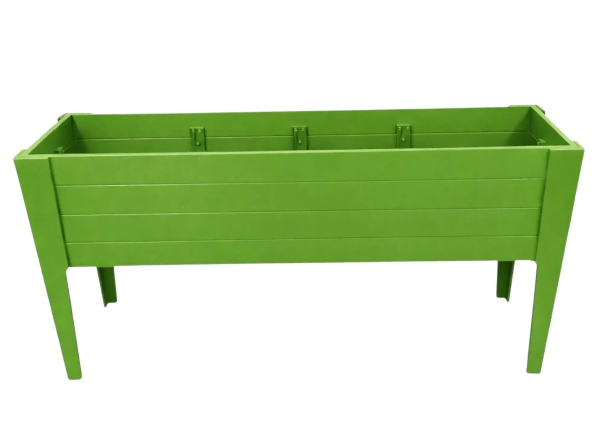 Bright green wooden raised garden bed, modern slatted design, perfect for outdoor gardening projects.