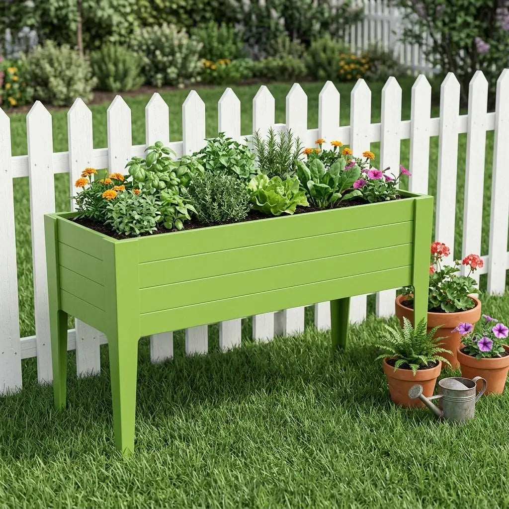 Green wooden raised garden bed with herbs and flowers, perfect for outdoor gardening in a backyard setting.