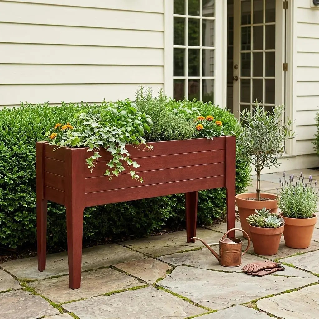 Brown wooden raised garden bed with assorted plants, surrounded by terracotta pots on a stone patio.