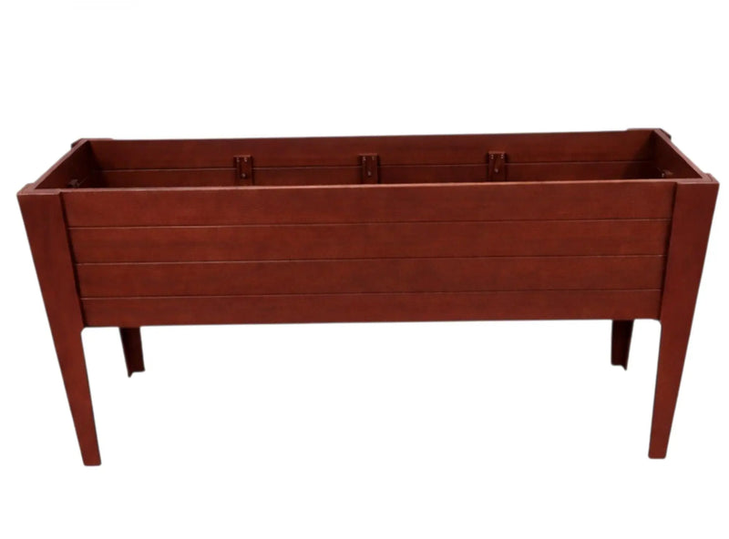 Rustic brown wooden raised garden bed with slatted design, perfect for planting flowers or vegetables.