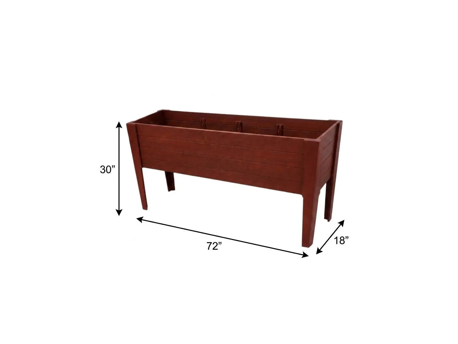 Rustic cedar wood raised garden bed in dark brown, 72” x 18” x 30”, perfect for growing flowers and vegetables.