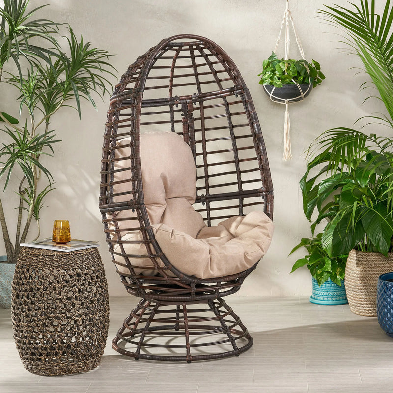 31" Beige Metal Outdoor Egg Chair with Brown Cushion Homeroots Outdoor