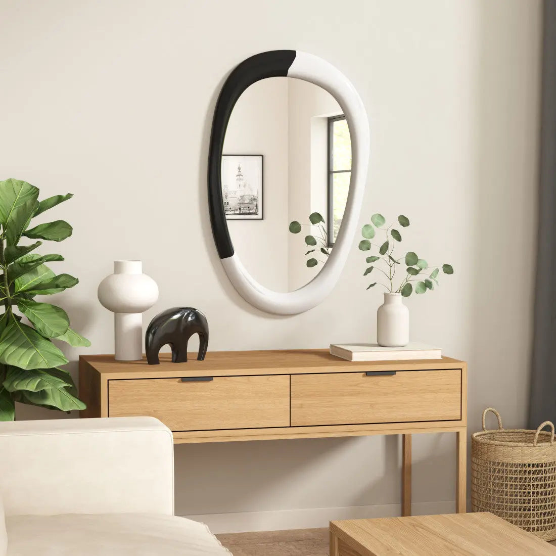 31" Black And White Steel Oval Geometric Framed Accent Mirror Homeroots Bed & Bath