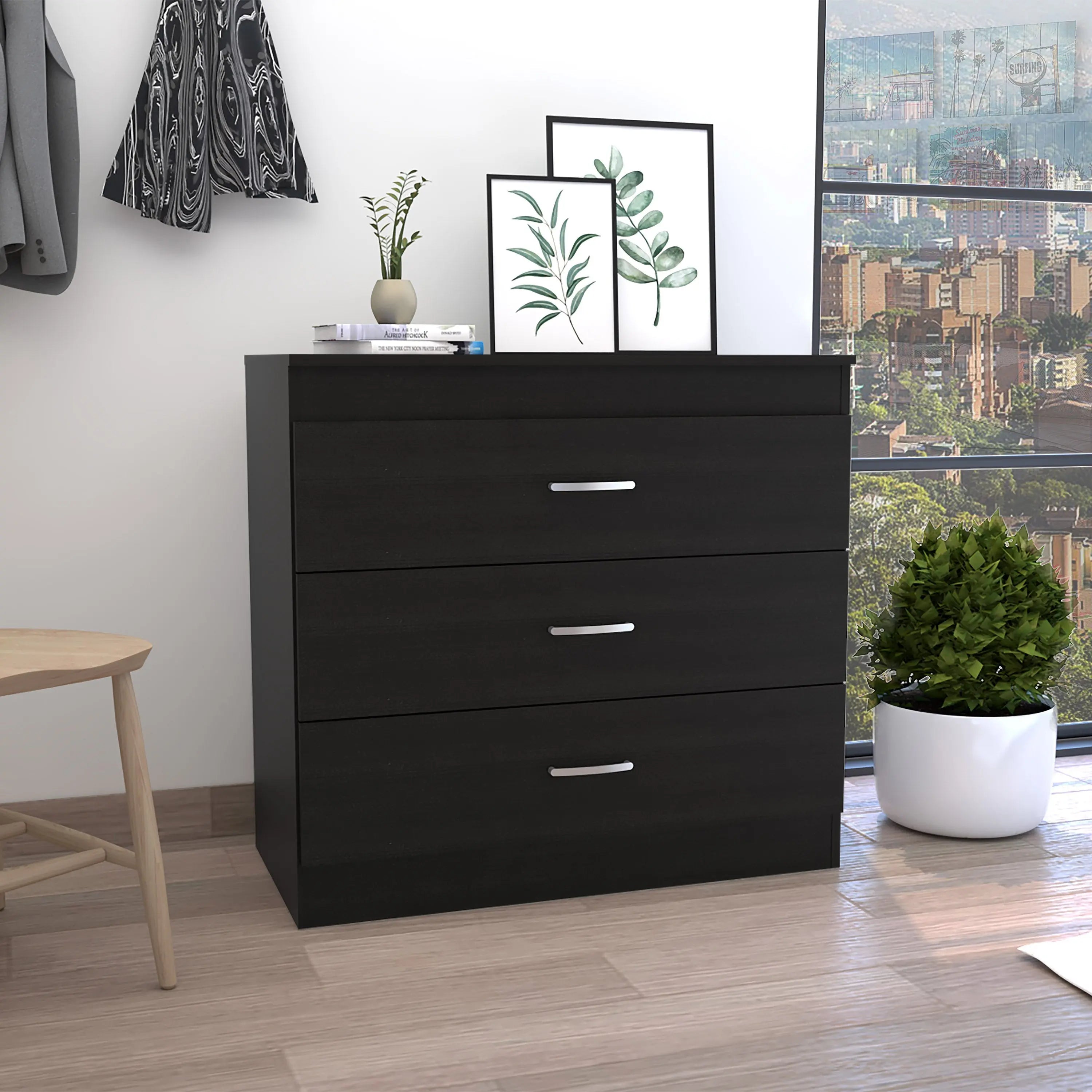 31" Black Wood Three Drawer Dresser Homeroots Bed & Bath