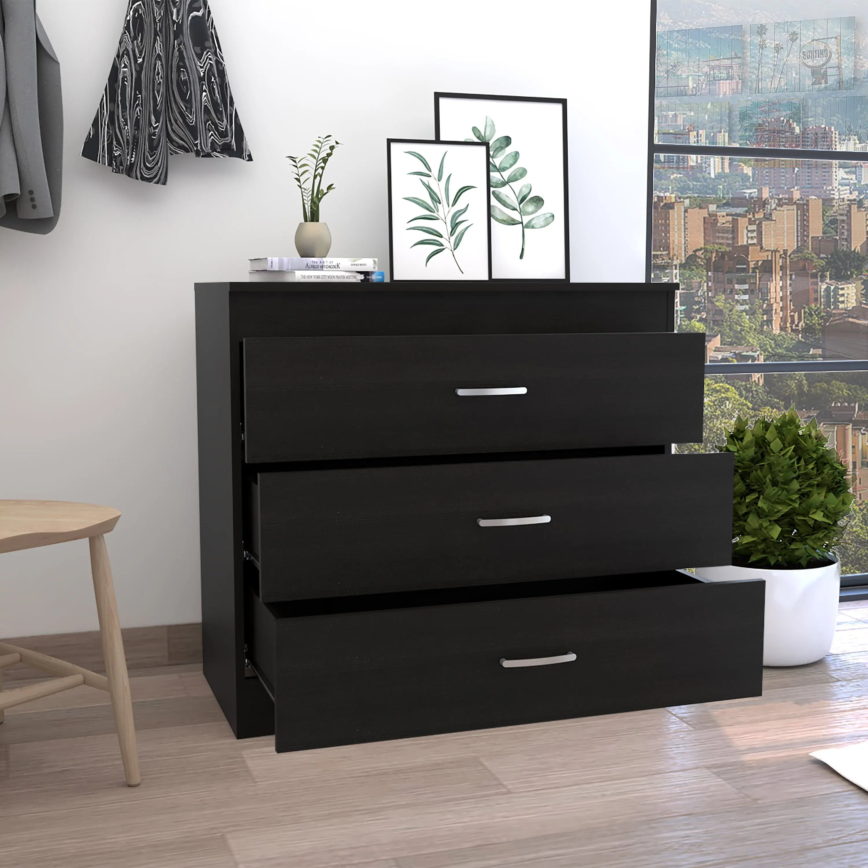 31" Black Wood Three Drawer Dresser Homeroots Bed & Bath