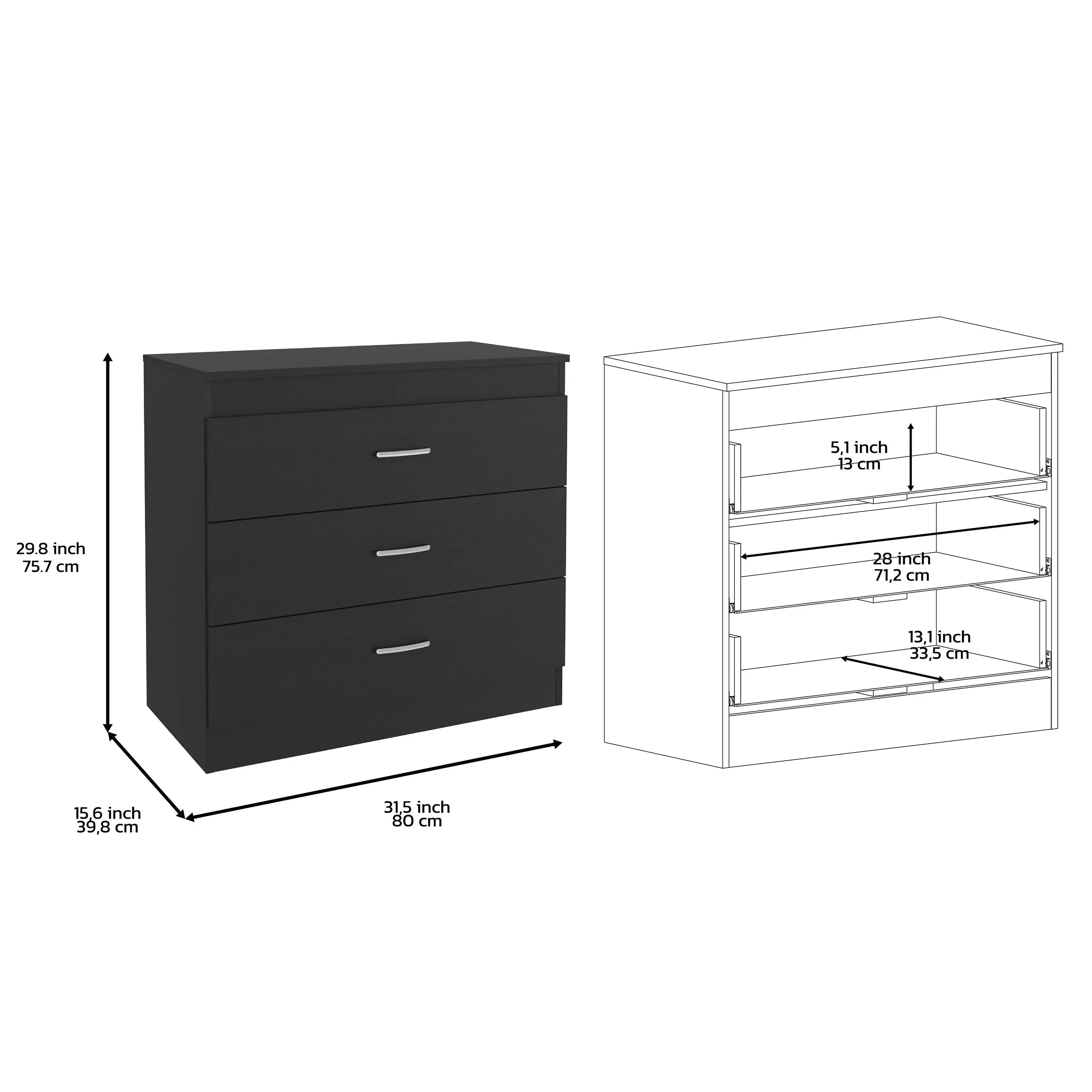 31" Black Wood Three Drawer Dresser Homeroots Bed & Bath