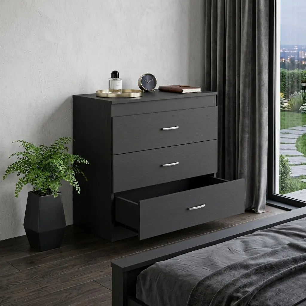 31" Black Wood Three Drawer Dresser Homeroots Bed & Bath