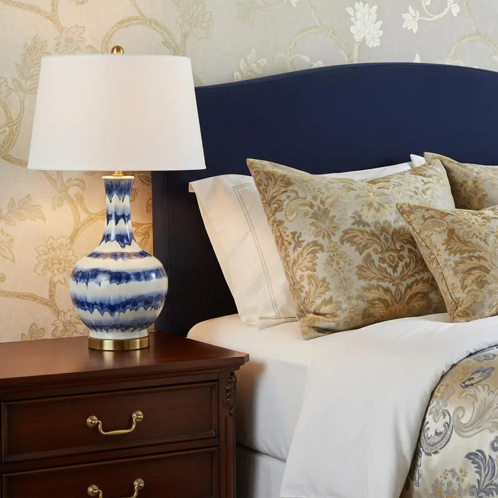 31" Blue White And Gold Novelty Table Lamp With Globe Shade Homeroots Lighting