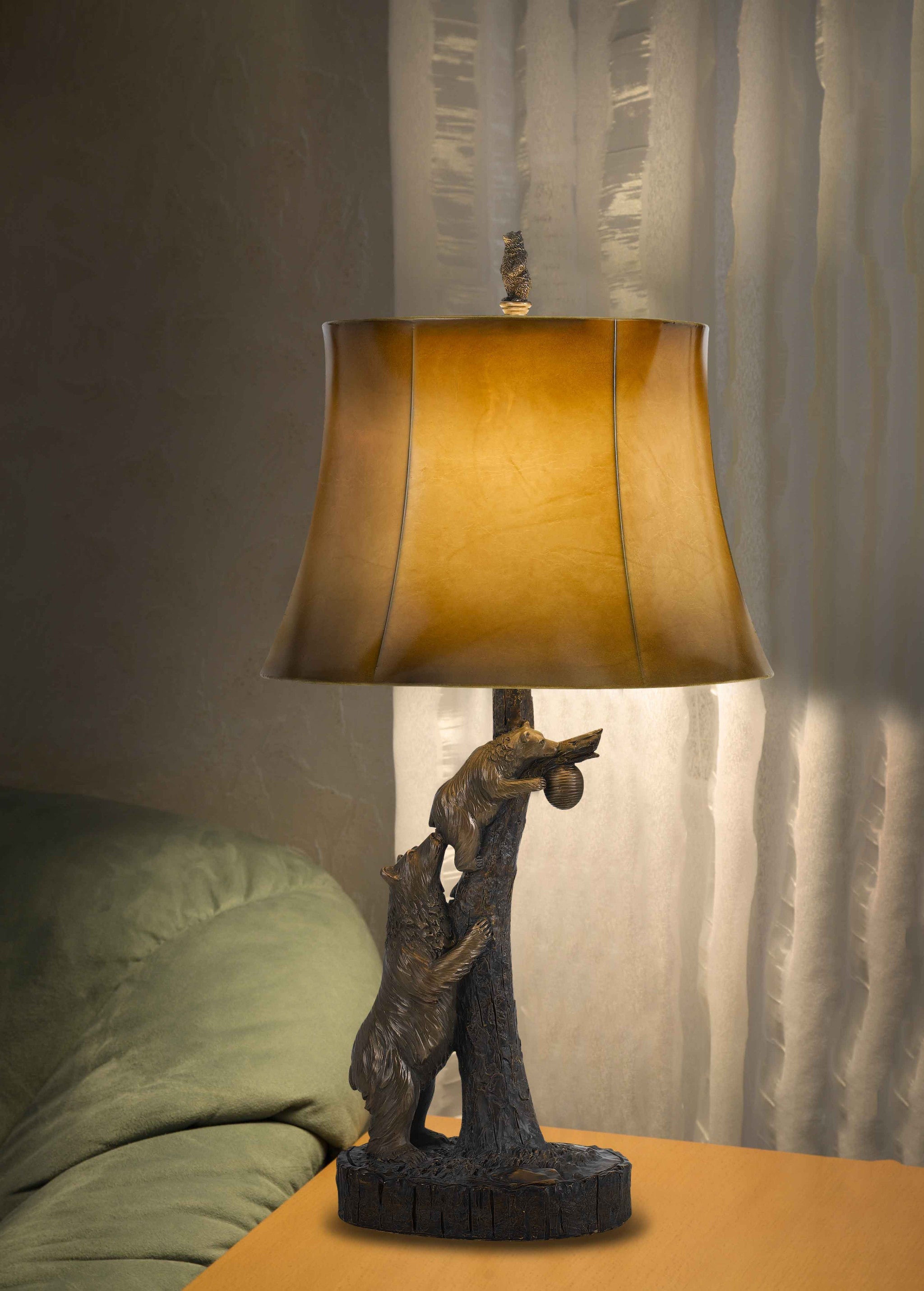 31" Bronze Bears After the Honey Table Lamp With Brown Faux Leather Shade - GreatEagleInc
