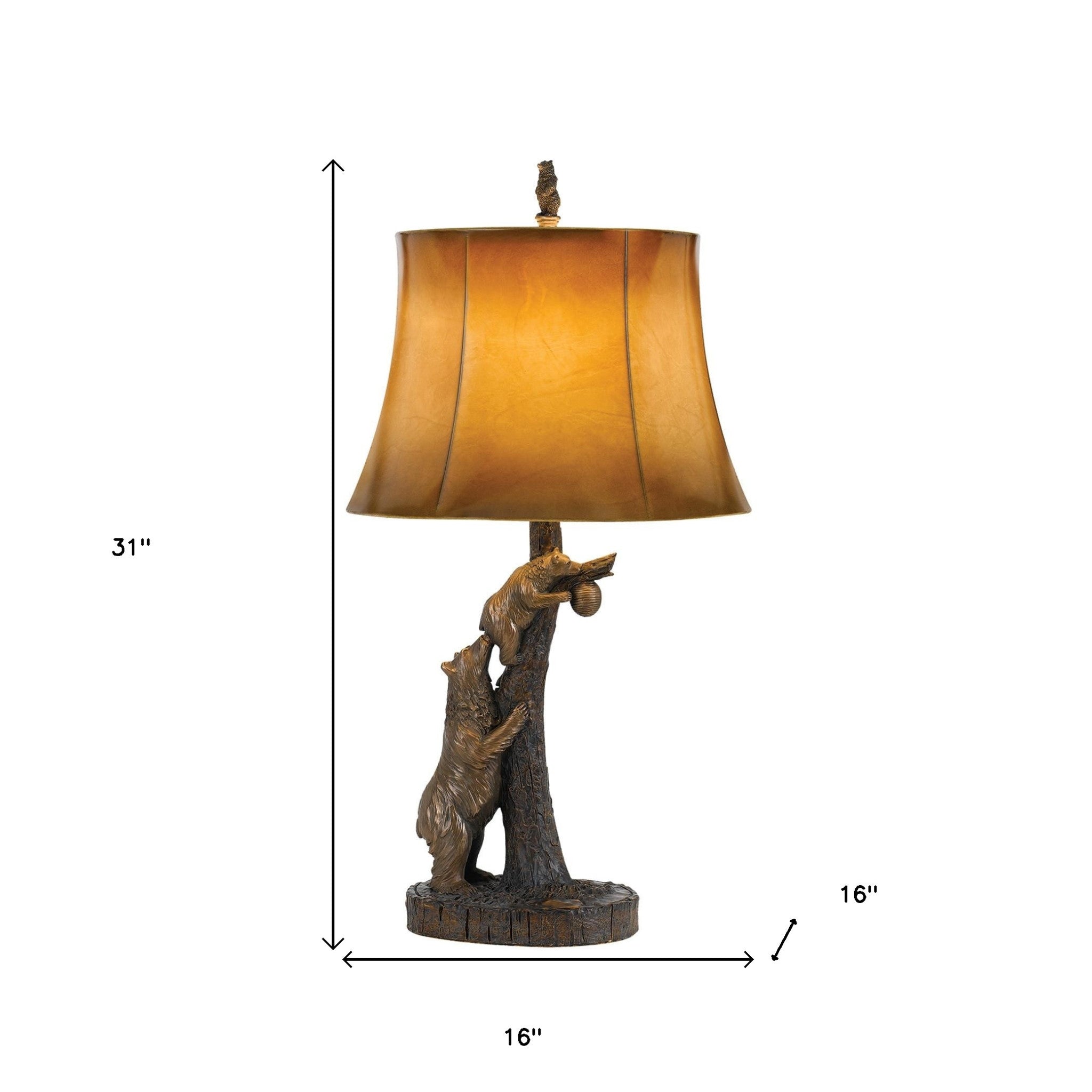 31" Bronze Bears After the Honey Table Lamp With Brown Faux Leather Shade - GreatEagleInc