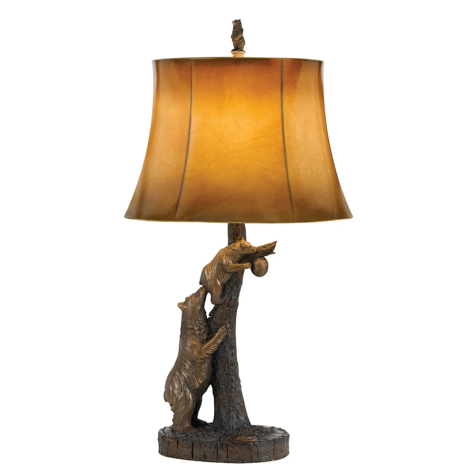 31" Bronze Bears After the Honey Table Lamp With Brown Faux Leather Shade - GreatEagleInc