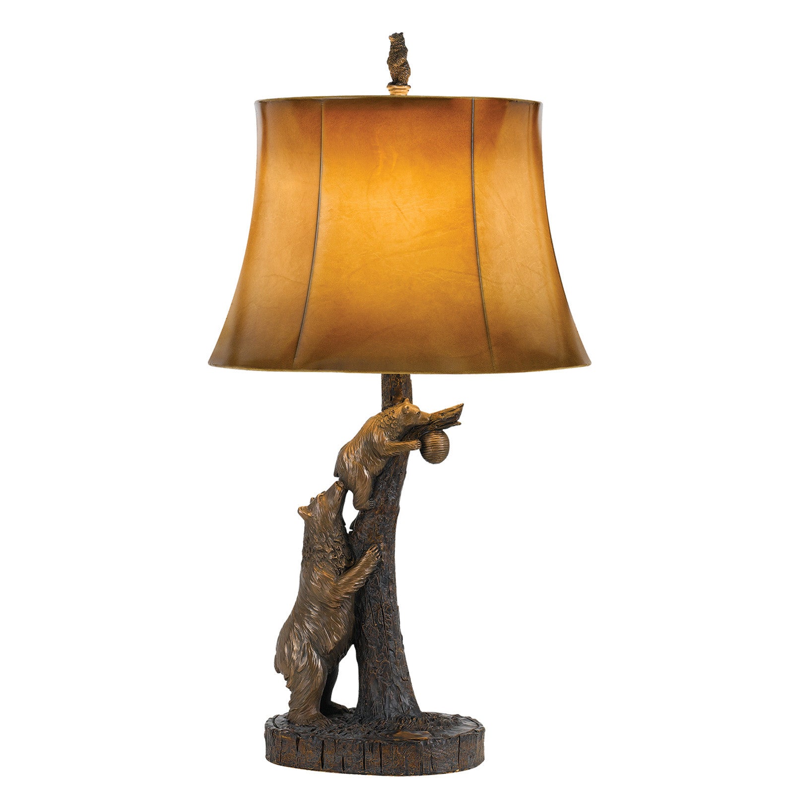 31" Bronze Bears After the Honey Table Lamp With Brown Faux Leather Shade - GreatEagleInc