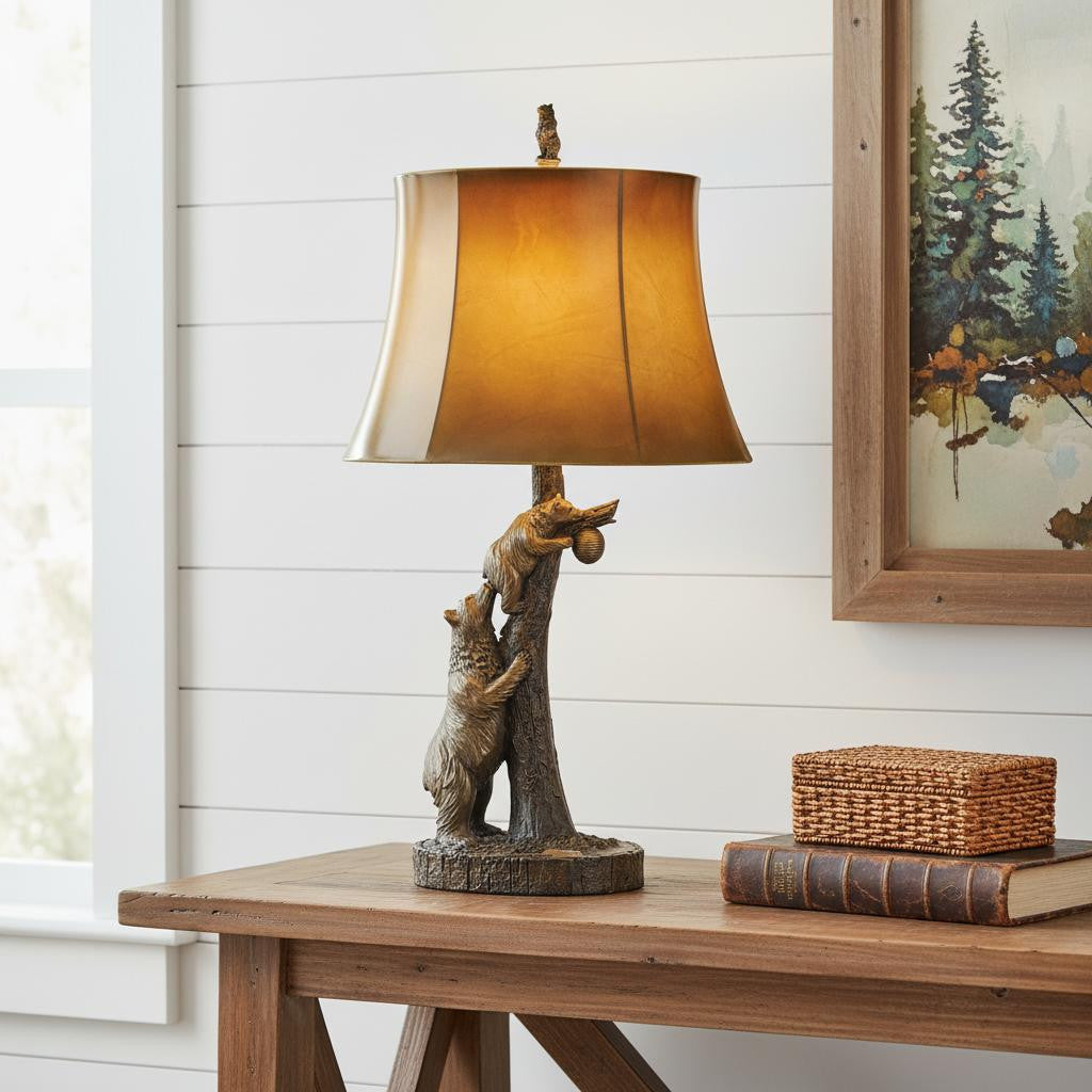31" Bronze Bears After the Honey Table Lamp With Brown Faux Leather Shade - GreatEagleInc