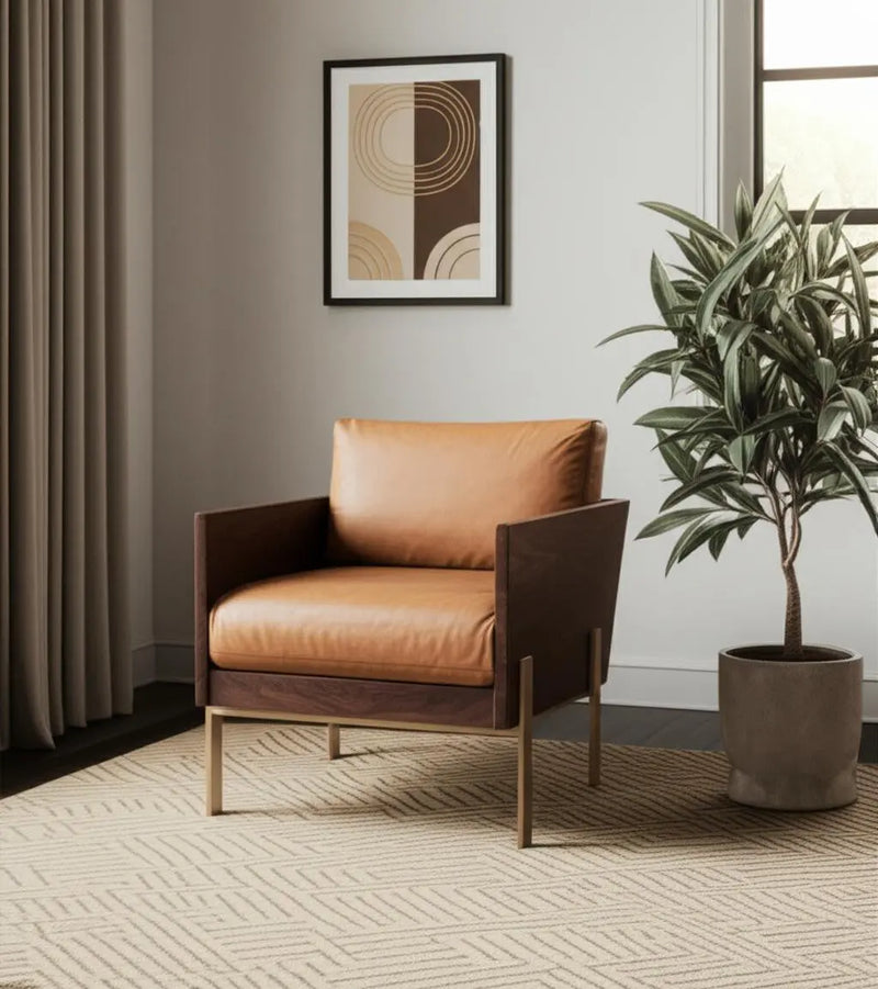 31" Brown Top Grain Leather And Solid Wood Arm Chair Homeroots Living Room