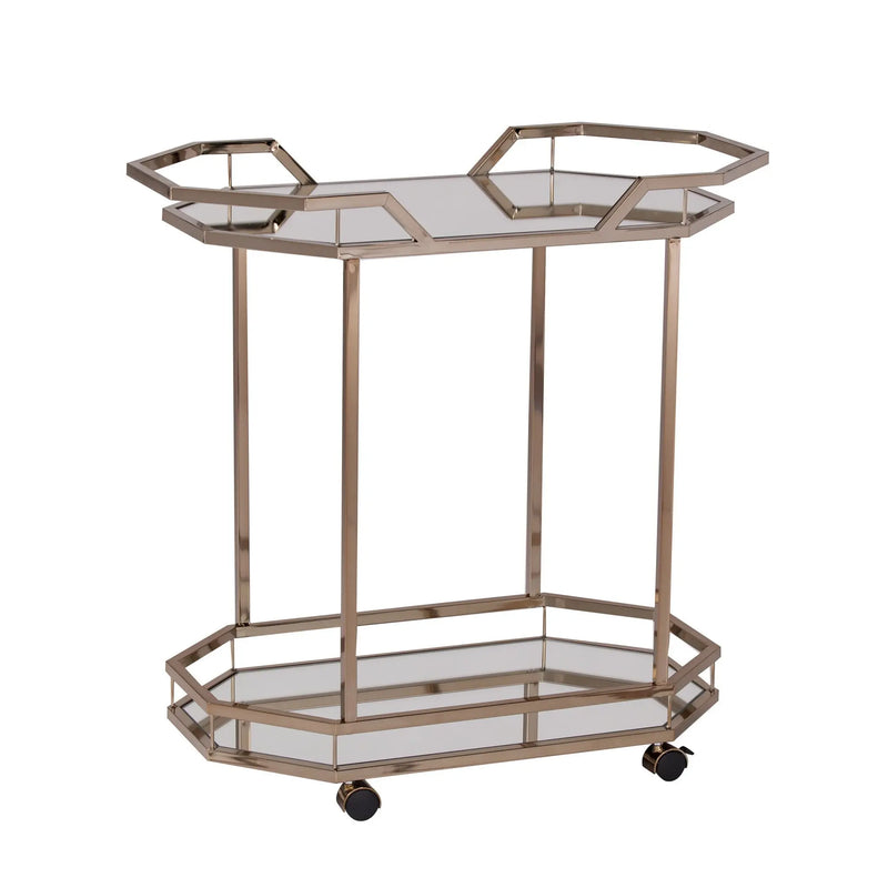 31" Champagne Iron and Mirrored Glass Octagonal Rolling Bar Cart Homeroots Kitchen & Dining