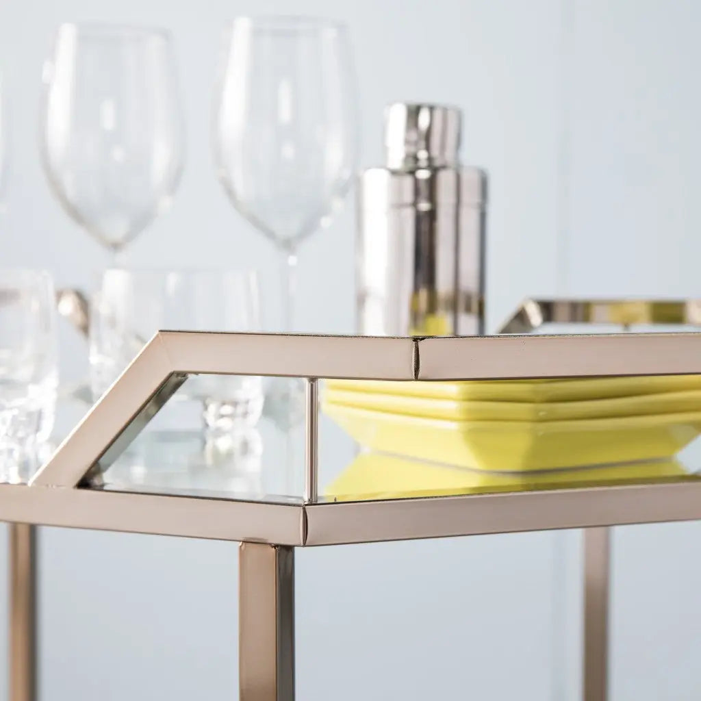 31" Champagne Iron and Mirrored Glass Octagonal Rolling Bar Cart Homeroots Kitchen & Dining