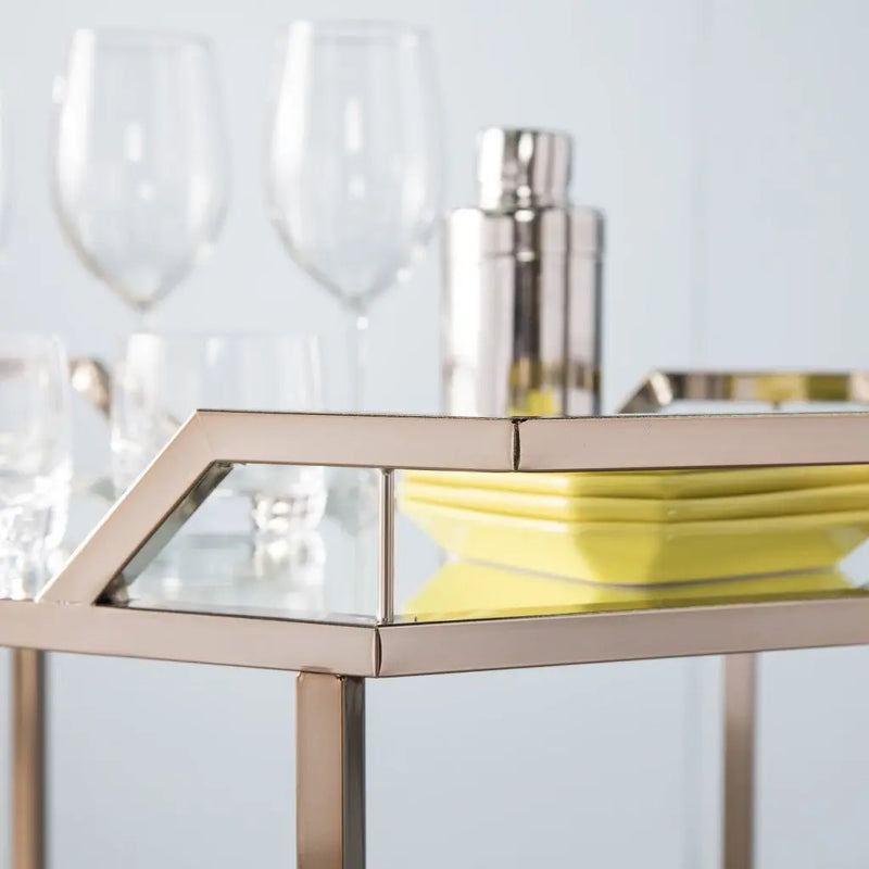 31" Champagne Iron and Mirrored Glass Octagonal Rolling Bar Cart Homeroots Kitchen & Dining