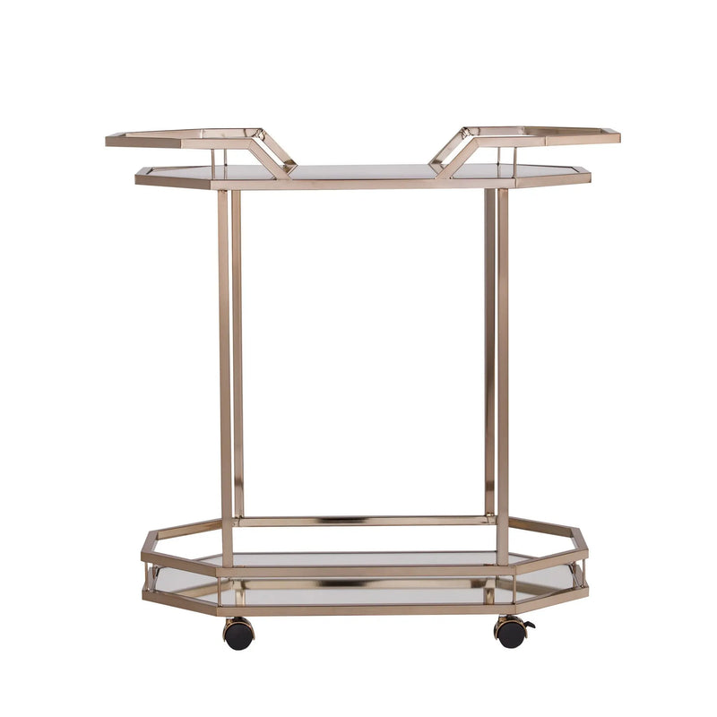 31" Champagne Iron and Mirrored Glass Octagonal Rolling Bar Cart Homeroots Kitchen & Dining