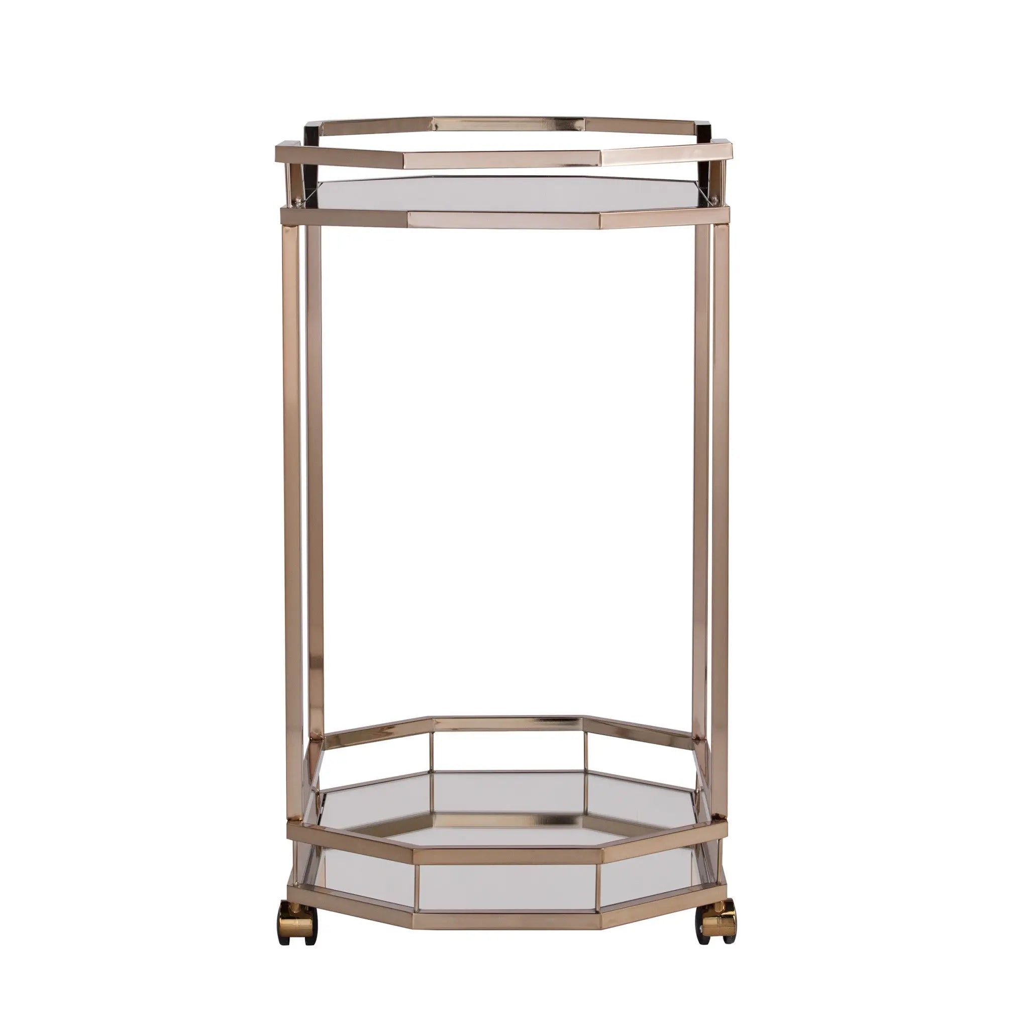 31" Champagne Iron and Mirrored Glass Octagonal Rolling Bar Cart Homeroots Kitchen & Dining