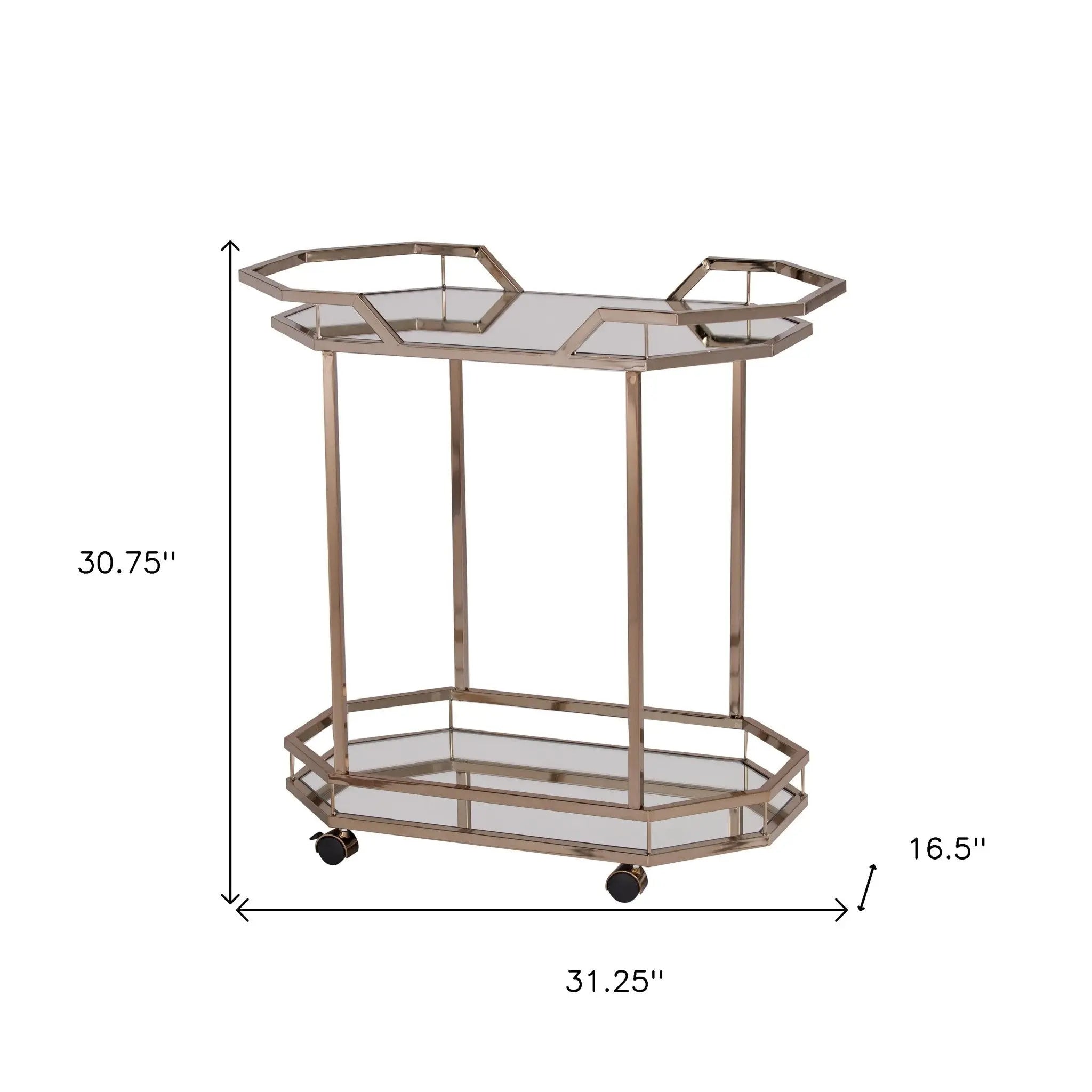 31" Champagne Iron and Mirrored Glass Octagonal Rolling Bar Cart Homeroots Kitchen & Dining