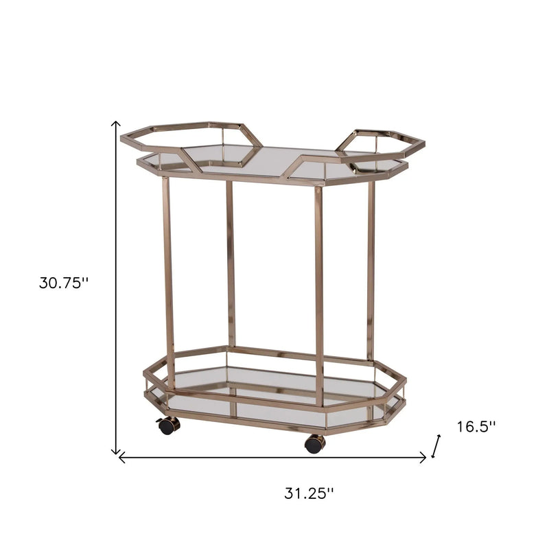 31" Champagne Iron and Mirrored Glass Octagonal Rolling Bar Cart Homeroots Kitchen & Dining