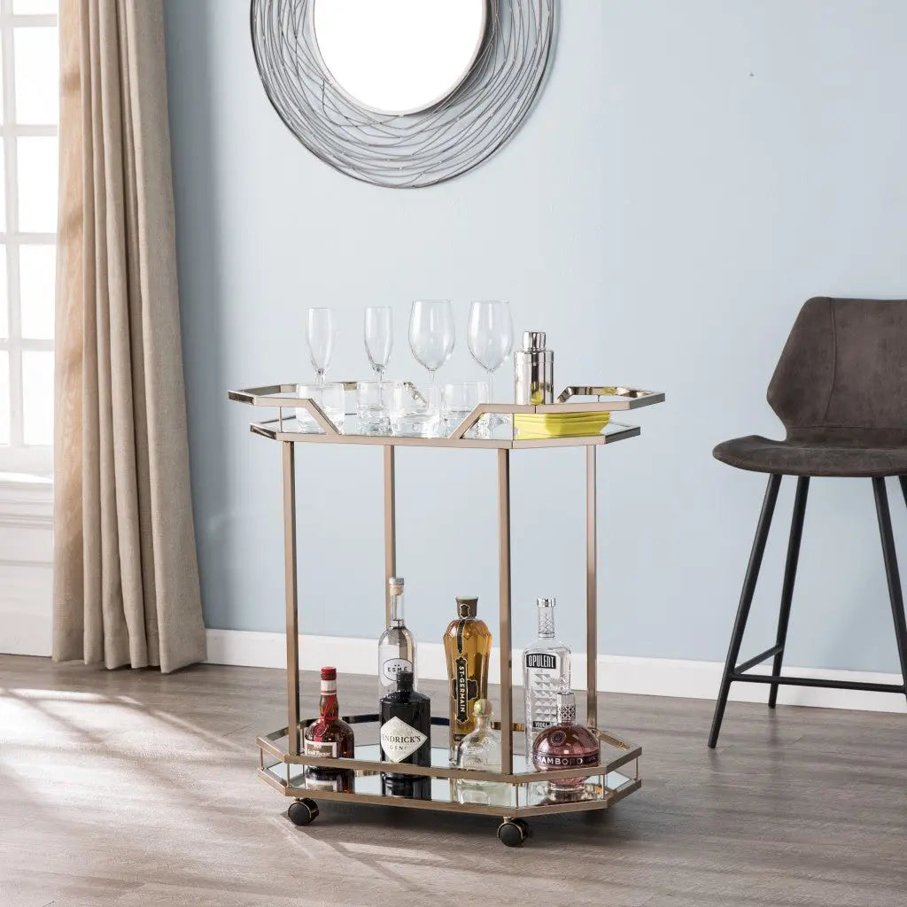 31" Champagne Iron and Mirrored Glass Octagonal Rolling Bar Cart Homeroots Kitchen & Dining