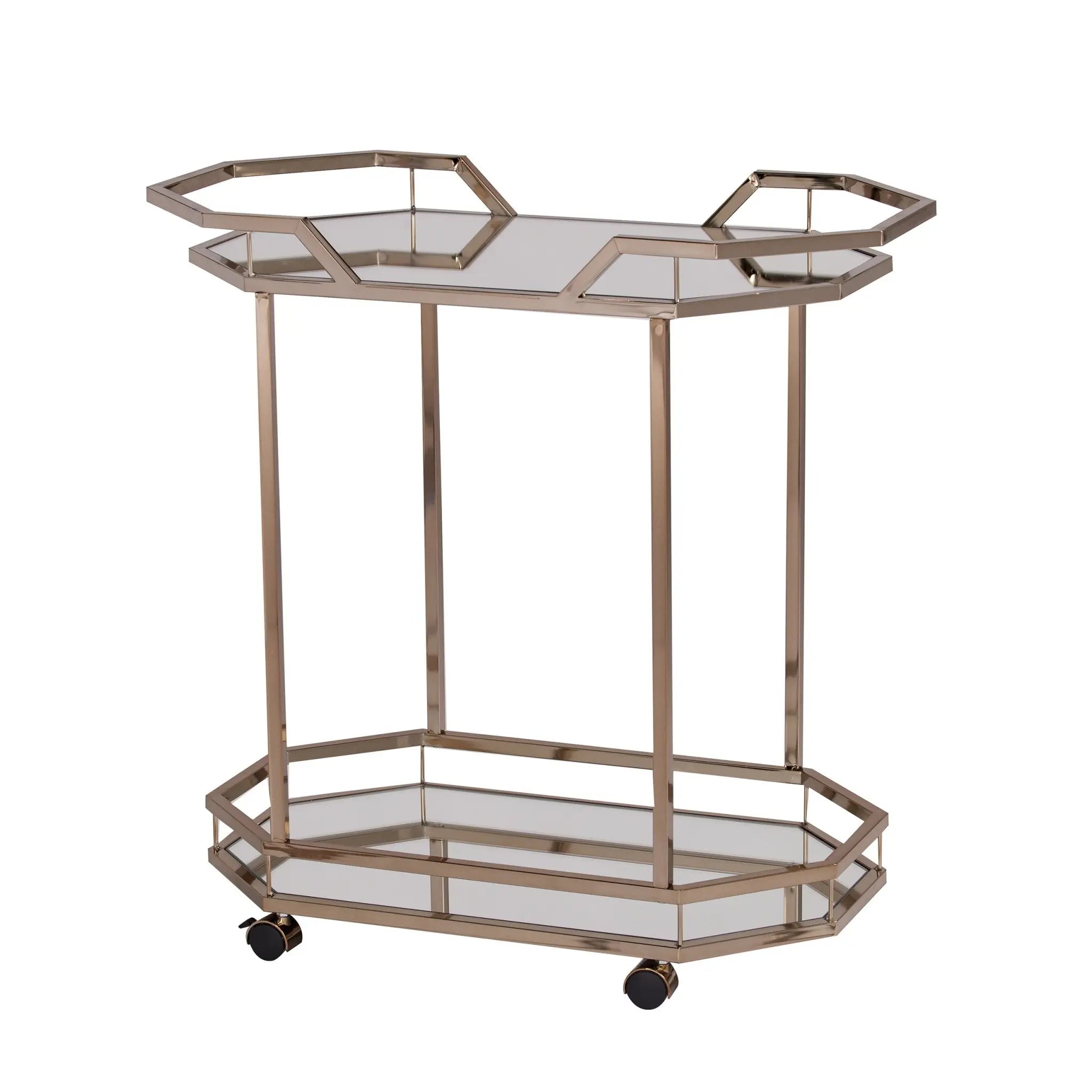 31" Champagne Iron and Mirrored Glass Octagonal Rolling Bar Cart Homeroots Kitchen & Dining