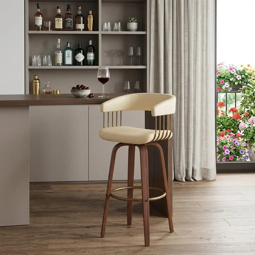 31" Cream And Wood Brown Faux Leather Swivel Bar Height Bar Chair Homeroots Living Room