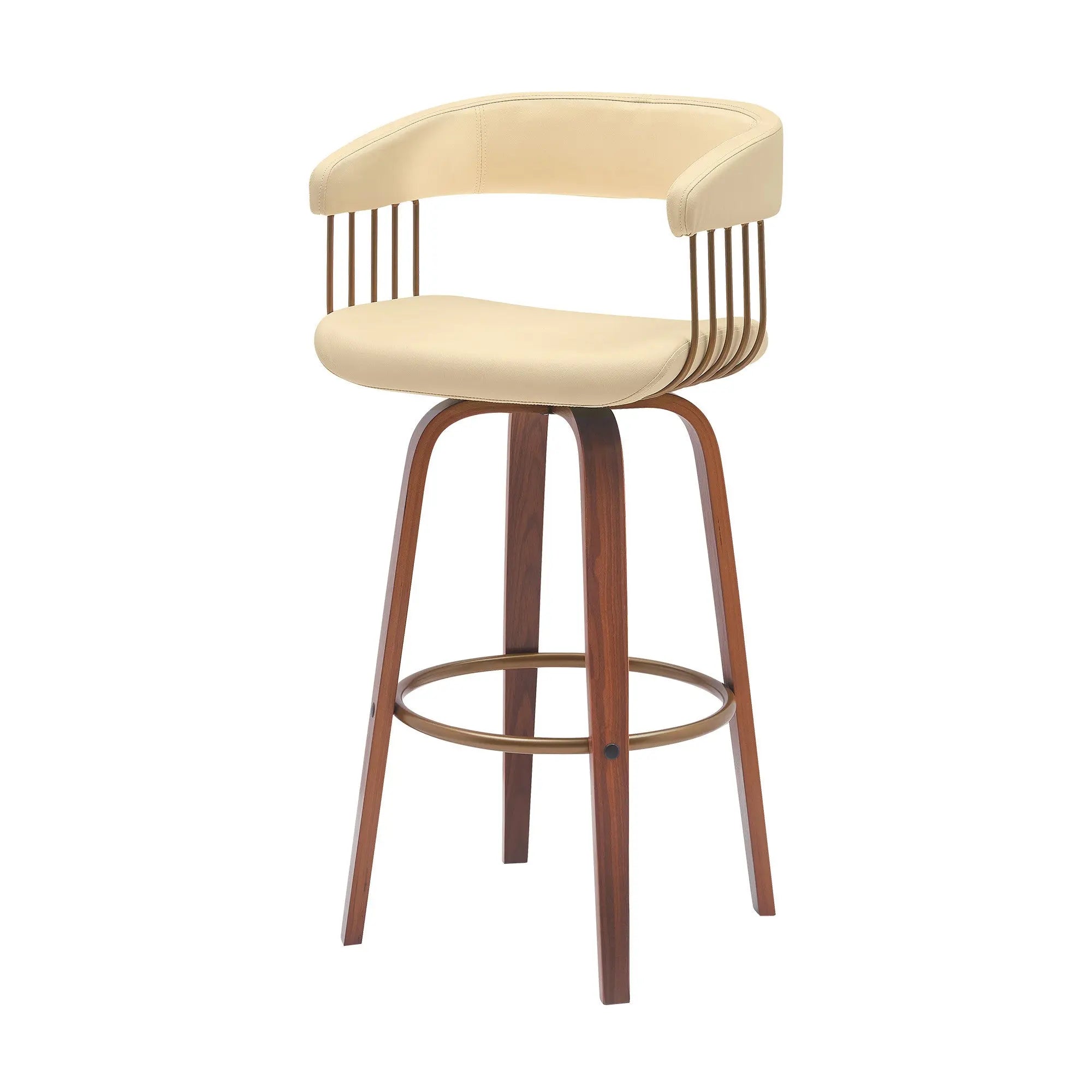 31" Cream And Wood Brown Faux Leather Swivel Bar Height Bar Chair Homeroots Living Room