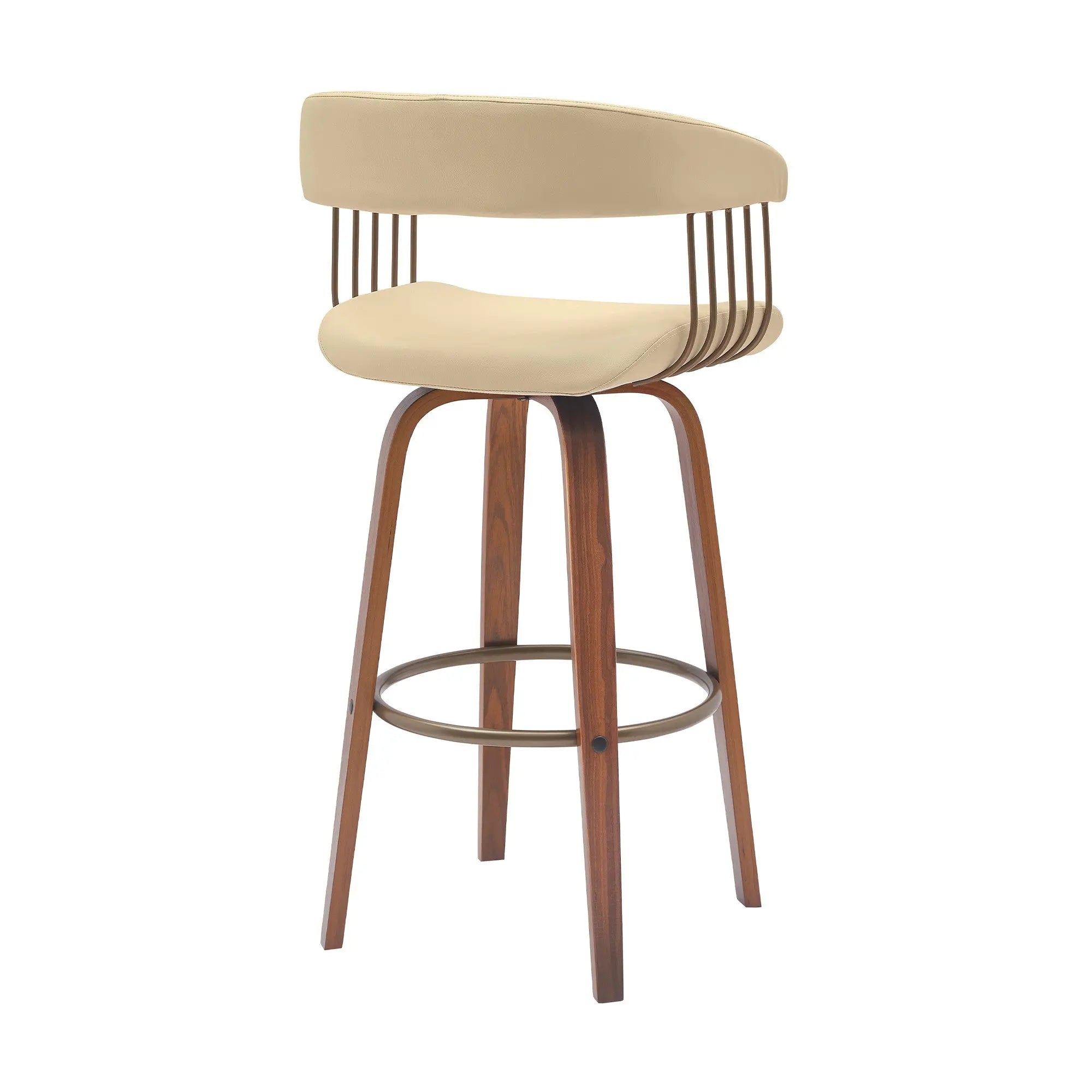 31" Cream And Wood Brown Faux Leather Swivel Bar Height Bar Chair Homeroots Living Room